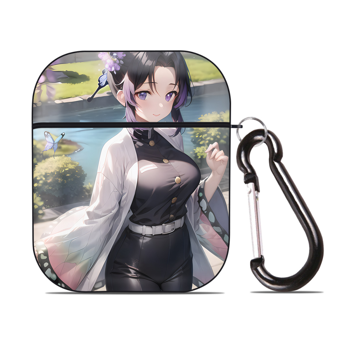 （画像用） 鬼滅の刃（きめつのやいば）蟲柱-胡蝶 しのぶ／こちょう しのぶ Kochou Shinobu AirPods 第2世代保護ケース ハードシェル ブラック 耐衝撃・防指紋・カラビナ付き