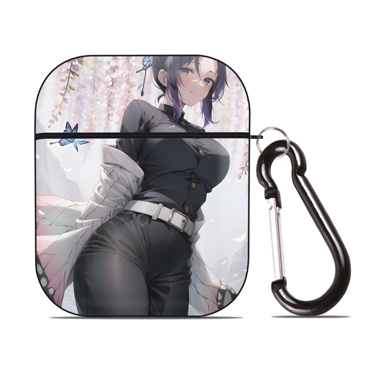 （画像用） 鬼滅の刃（きめつのやいば）蟲柱-胡蝶 しのぶ／こちょう しのぶ Kochou Shinobu AirPods 第2世代保護ケース ハードシェル ブラック 耐衝撃・防指紋・カラビナ付き