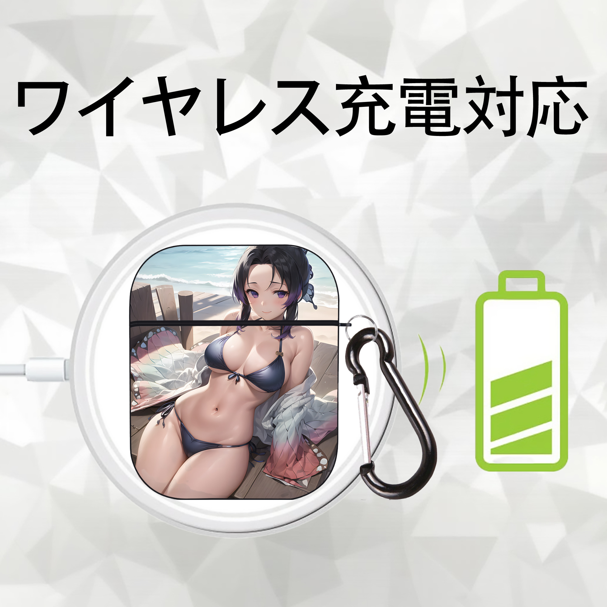 鬼滅の刃（きめつのやいば）蟲柱-胡蝶 しのぶ／こちょう しのぶ Kochou Shinobu AirPods 第2世代保護ケース ハードシェル ブラック 耐衝撃・防指紋・カラビナ付き