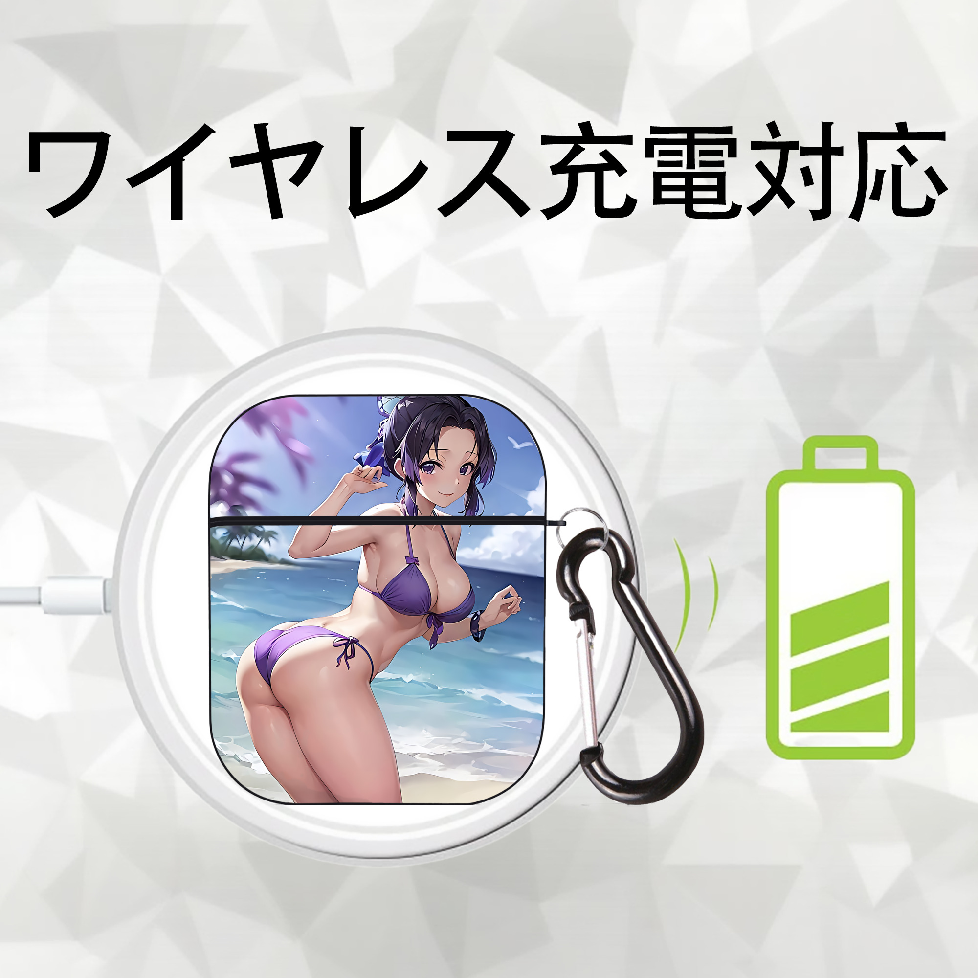 鬼滅の刃（きめつのやいば）蟲柱-胡蝶 しのぶ／こちょう しのぶ Kochou Shinobu AirPods 第2世代保護ケース ハードシェル ブラック 耐衝撃・防指紋・カラビナ付き
