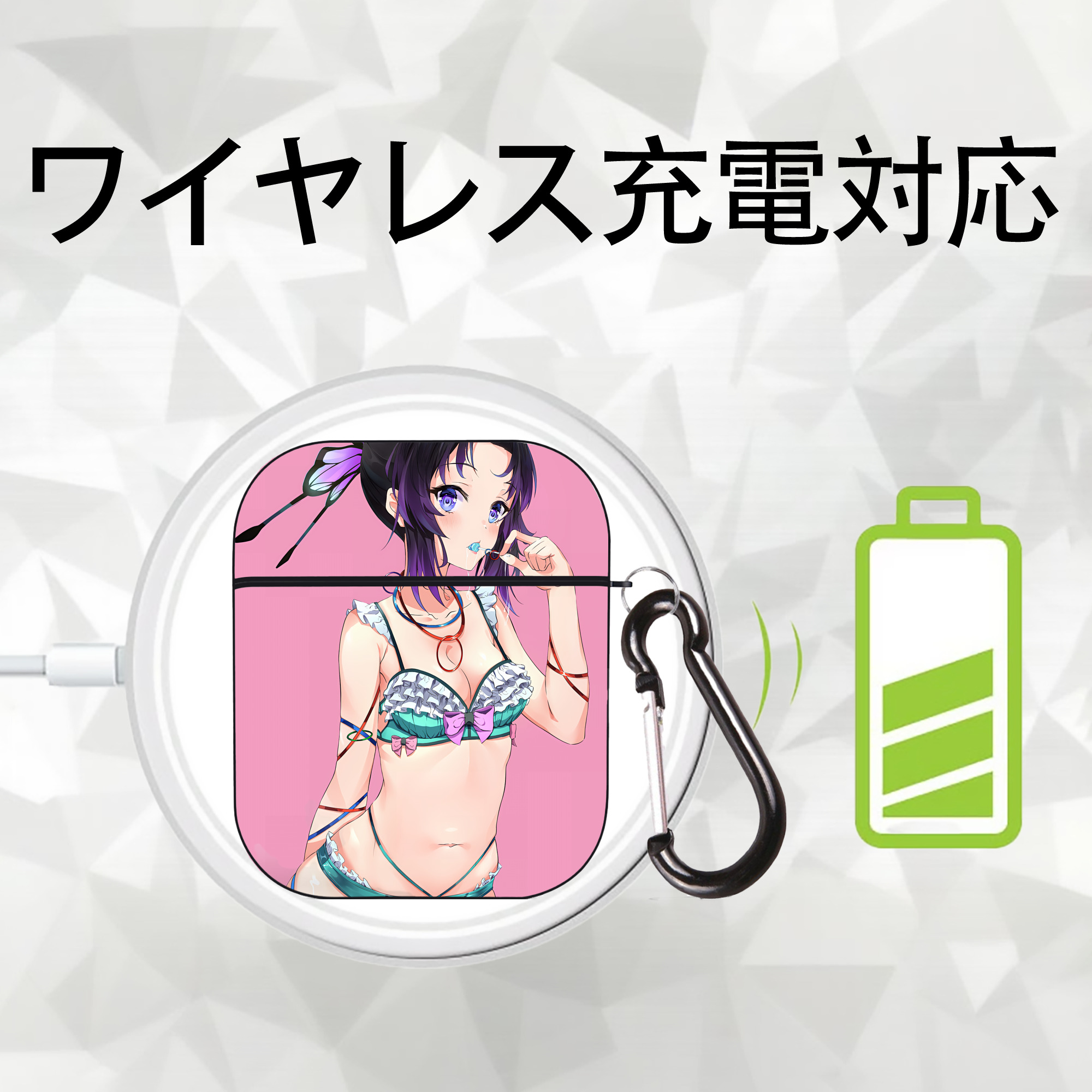 鬼滅の刃（きめつのやいば）蟲柱-胡蝶 しのぶ／こちょう しのぶ Kochou Shinobu AirPods 第2世代保護ケース ハードシェル ブラック 耐衝撃・防指紋・カラビナ付き