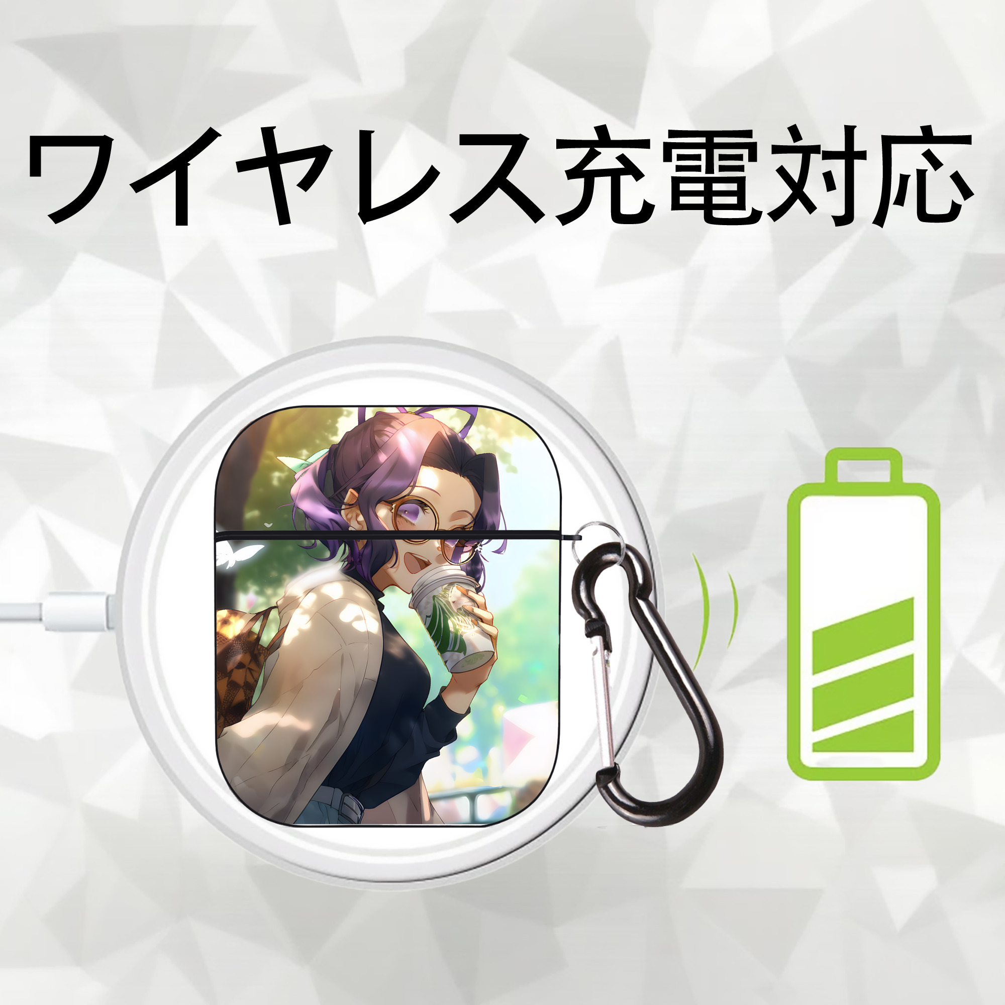 鬼滅の刃（きめつのやいば）蟲柱-胡蝶 しのぶ／こちょう しのぶ Kochou Shinobu AirPods 第2世代保護ケース ハードシェル ブラック 耐衝撃・防指紋・カラビナ付き