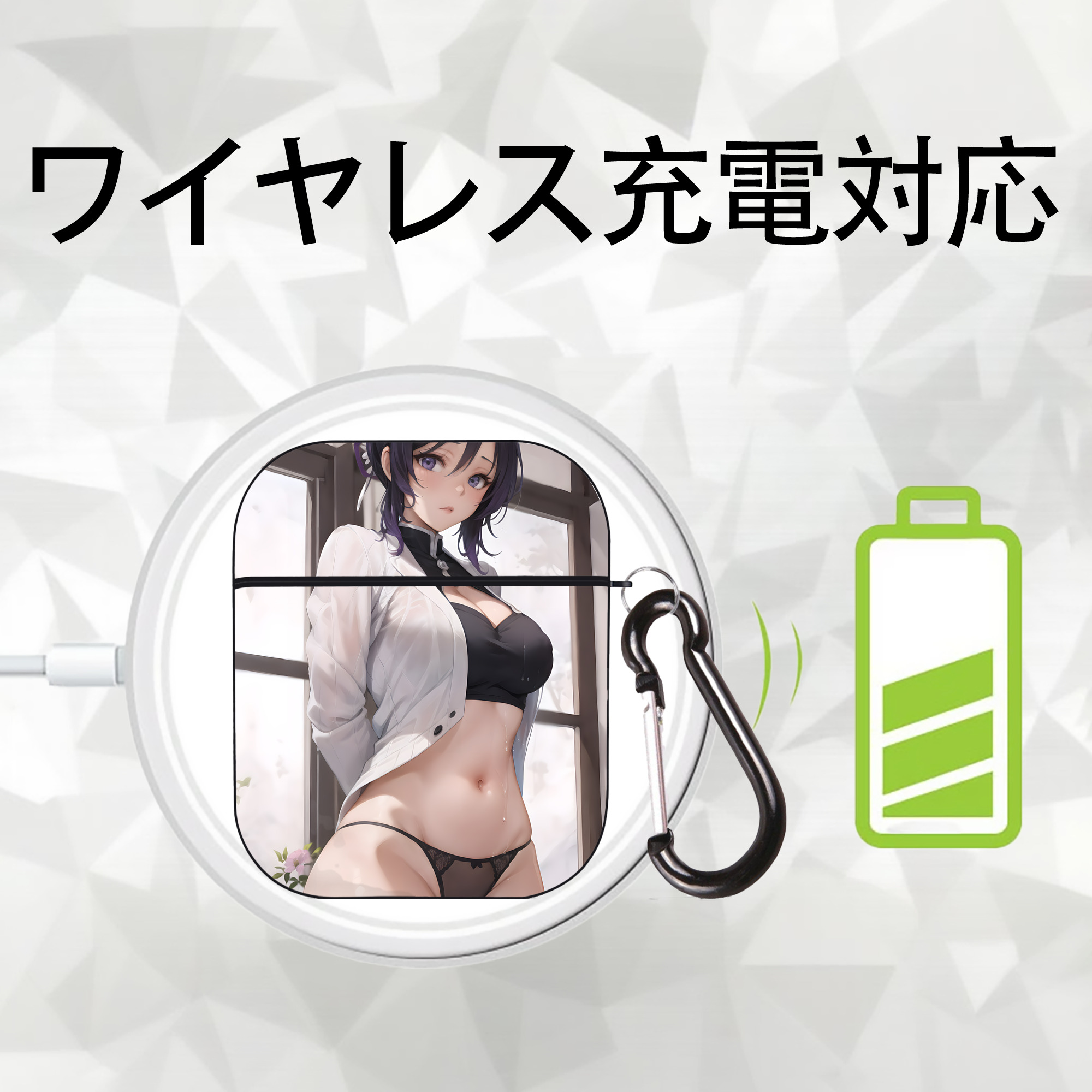 鬼滅の刃（きめつのやいば）蟲柱-胡蝶 しのぶ／こちょう しのぶ Kochou Shinobu AirPods 第2世代保護ケース ハードシェル ブラック 耐衝撃・防指紋・カラビナ付き