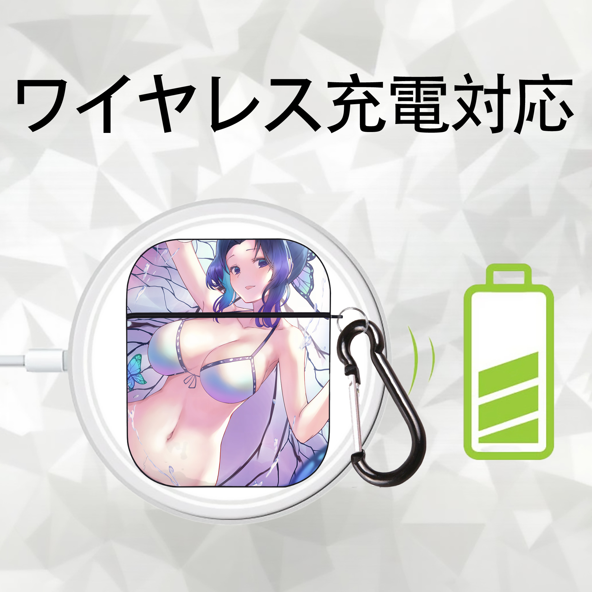 鬼滅の刃（きめつのやいば）蟲柱-胡蝶 しのぶ／こちょう しのぶ Kochou Shinobu AirPods 第2世代保護ケース ハードシェル ブラック 耐衝撃・防指紋・カラビナ付き