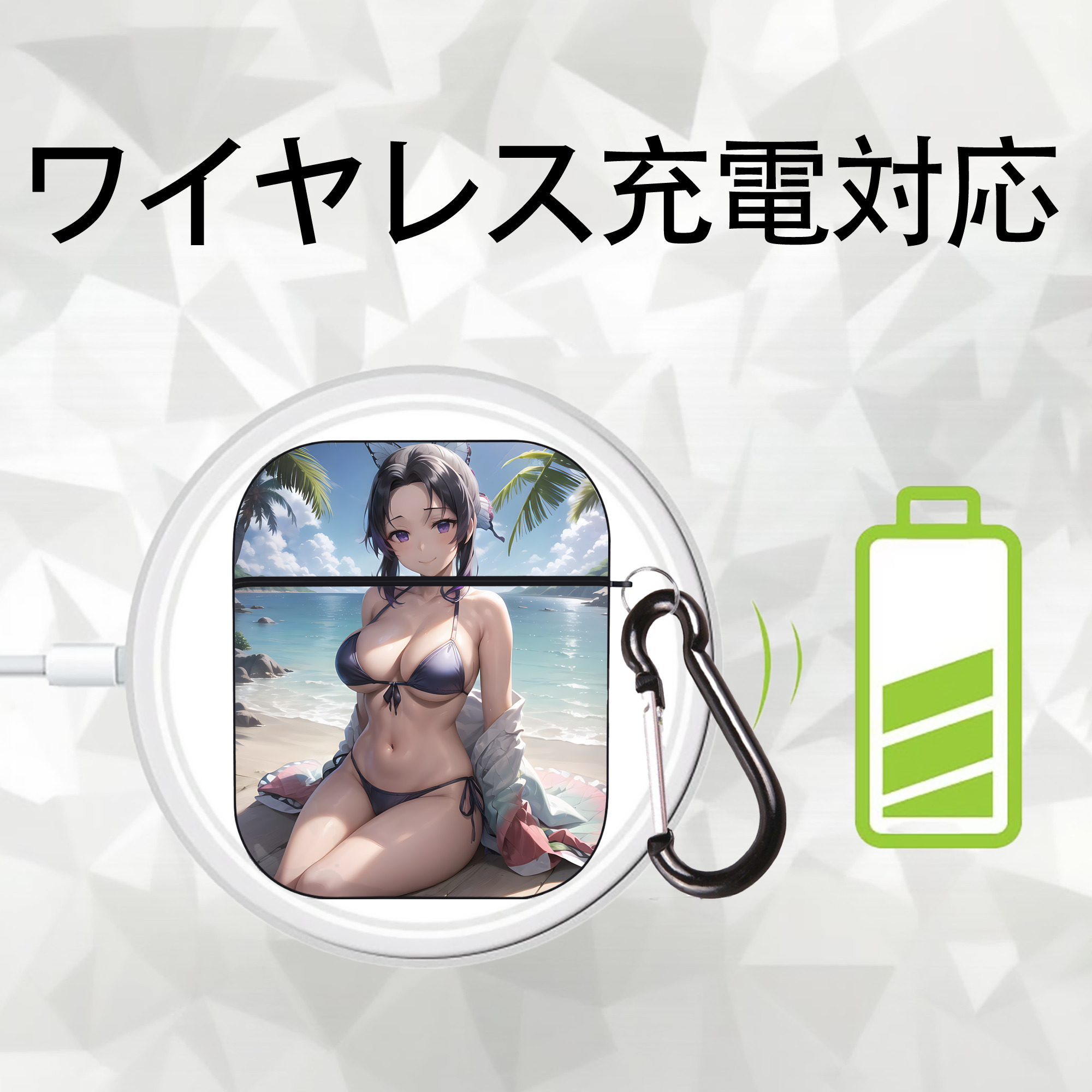 鬼滅の刃（きめつのやいば）蟲柱-胡蝶 しのぶ／こちょう しのぶ Kochou Shinobu AirPods 第2世代保護ケース ハードシェル ブラック 耐衝撃・防指紋・カラビナ付き