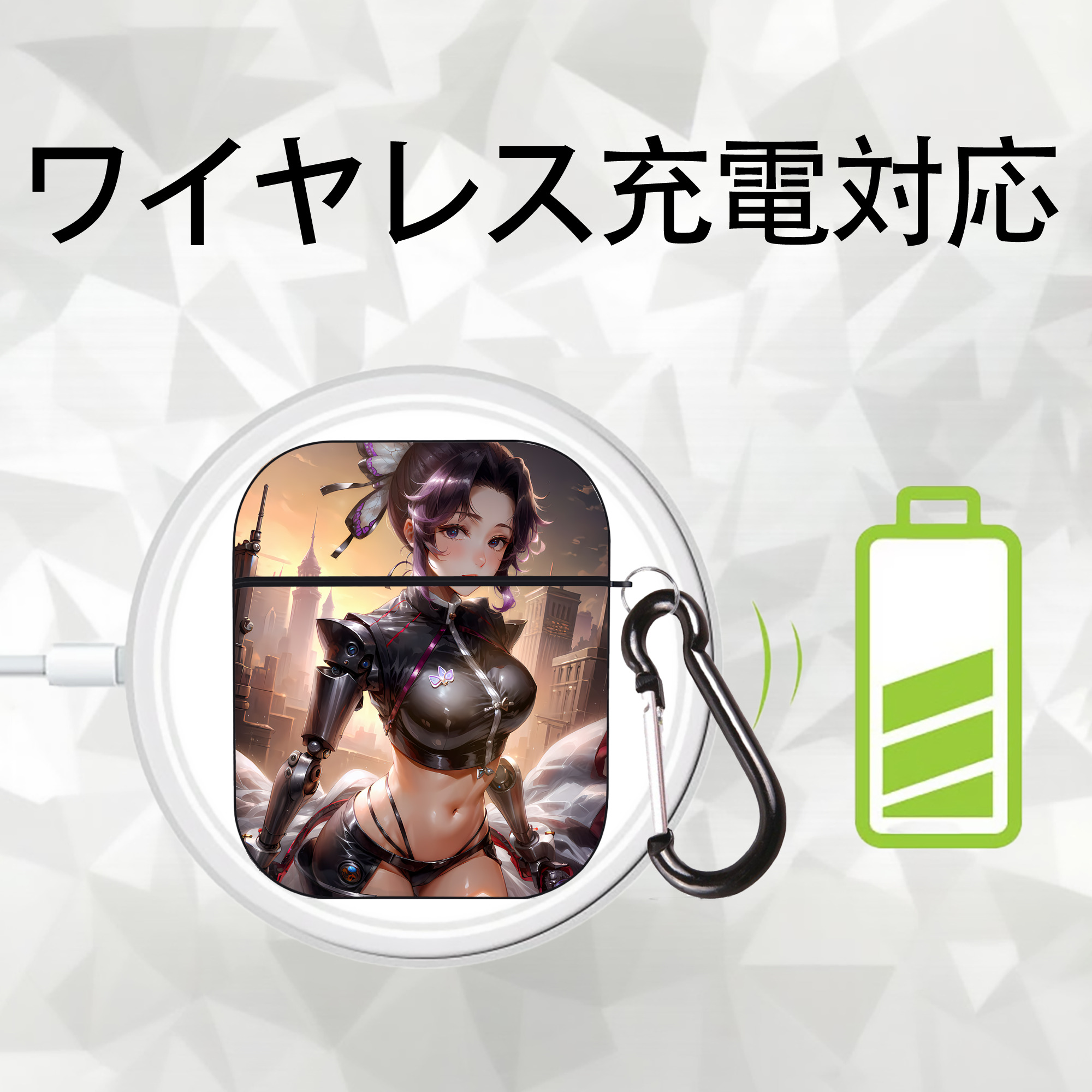 鬼滅の刃（きめつのやいば）蟲柱-胡蝶 しのぶ／こちょう しのぶ Kochou Shinobu AirPods 第2世代保護ケース ハードシェル ブラック 耐衝撃・防指紋・カラビナ付き