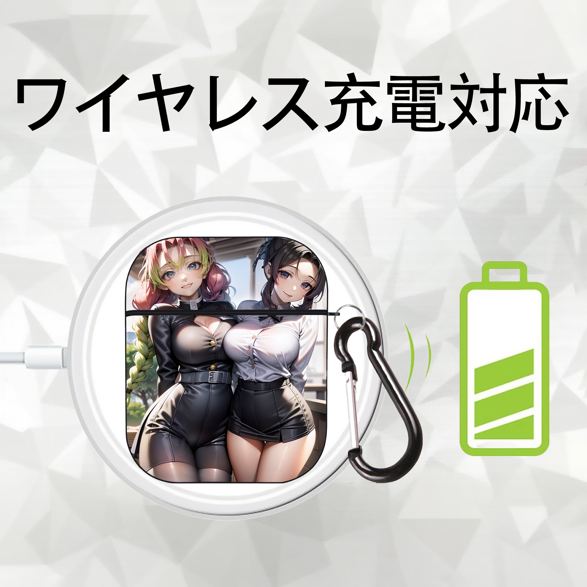 鬼滅の刃（きめつのやいば）蟲柱-胡蝶 しのぶ／こちょう しのぶ Kochou Shinobu AirPods 第2世代保護ケース ハードシェル ブラック 耐衝撃・防指紋・カラビナ付き
