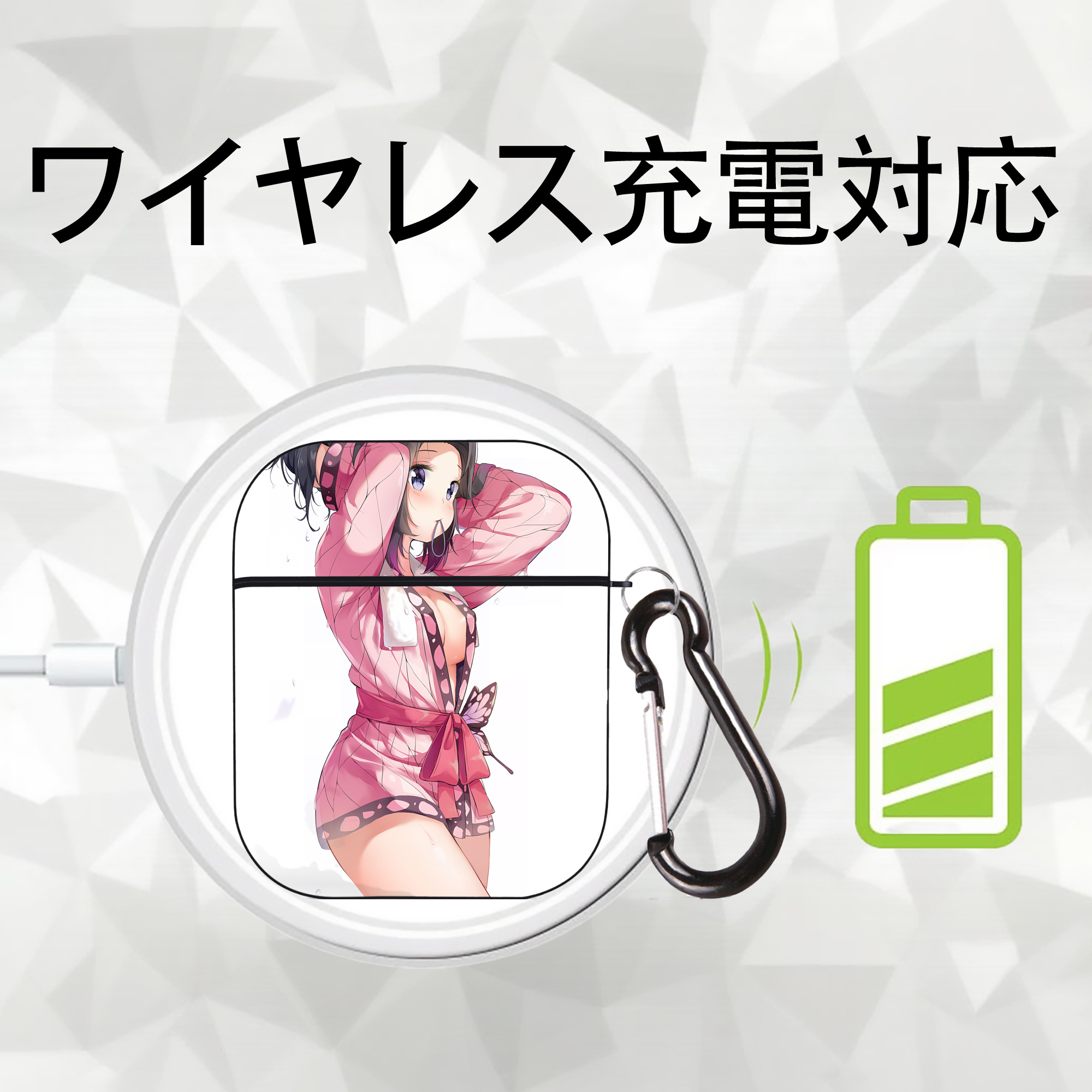 鬼滅の刃（きめつのやいば）蟲柱-胡蝶 しのぶ／こちょう しのぶ Kochou Shinobu AirPods 第2世代保護ケース ハードシェル ブラック 耐衝撃・防指紋・カラビナ付き