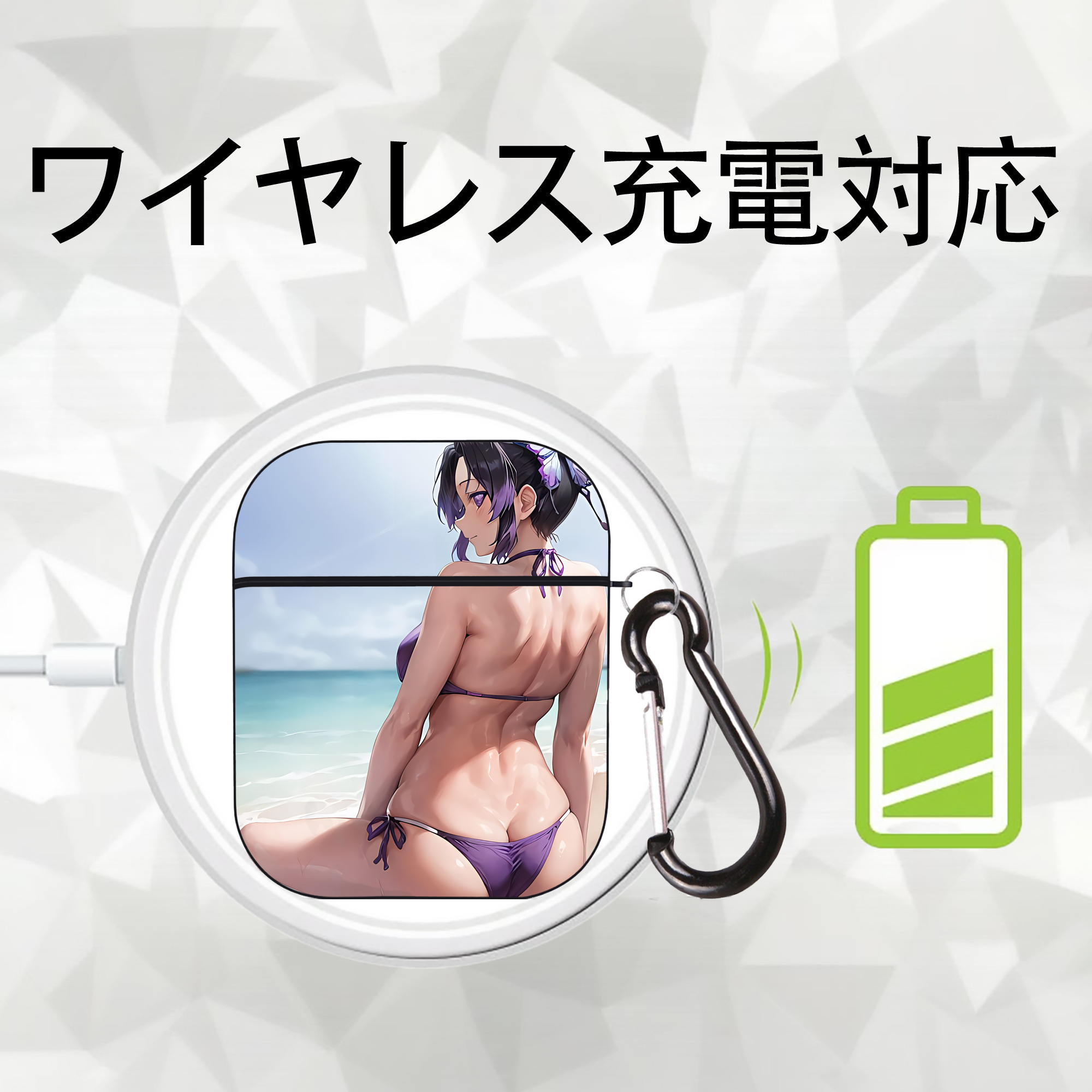 鬼滅の刃（きめつのやいば）蟲柱-胡蝶 しのぶ／こちょう しのぶ Kochou Shinobu AirPods 第2世代保護ケース ハードシェル ブラック 耐衝撃・防指紋・カラビナ付き