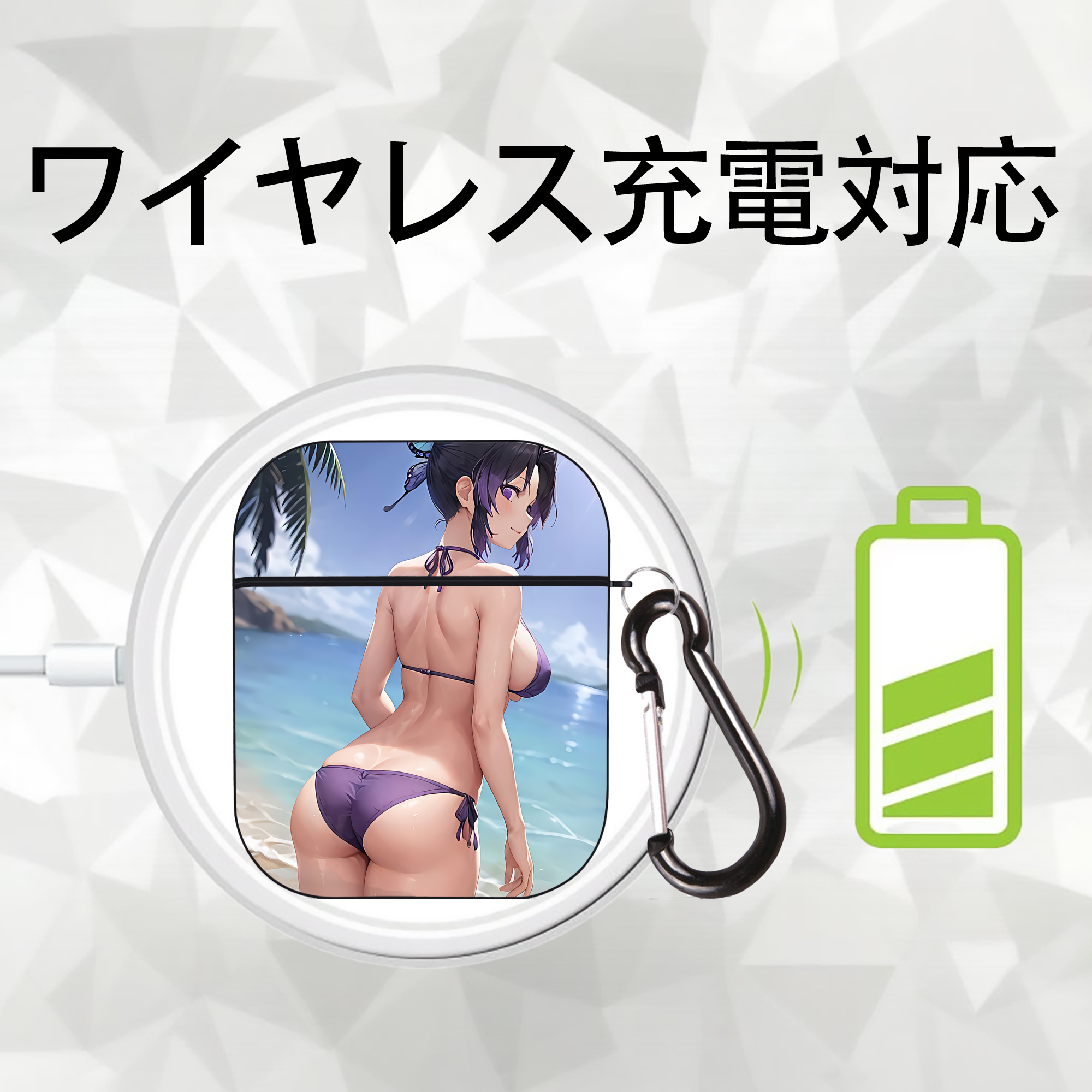 鬼滅の刃（きめつのやいば）蟲柱-胡蝶 しのぶ／こちょう しのぶ Kochou Shinobu AirPods 第2世代保護ケース ハードシェル ブラック 耐衝撃・防指紋・カラビナ付き