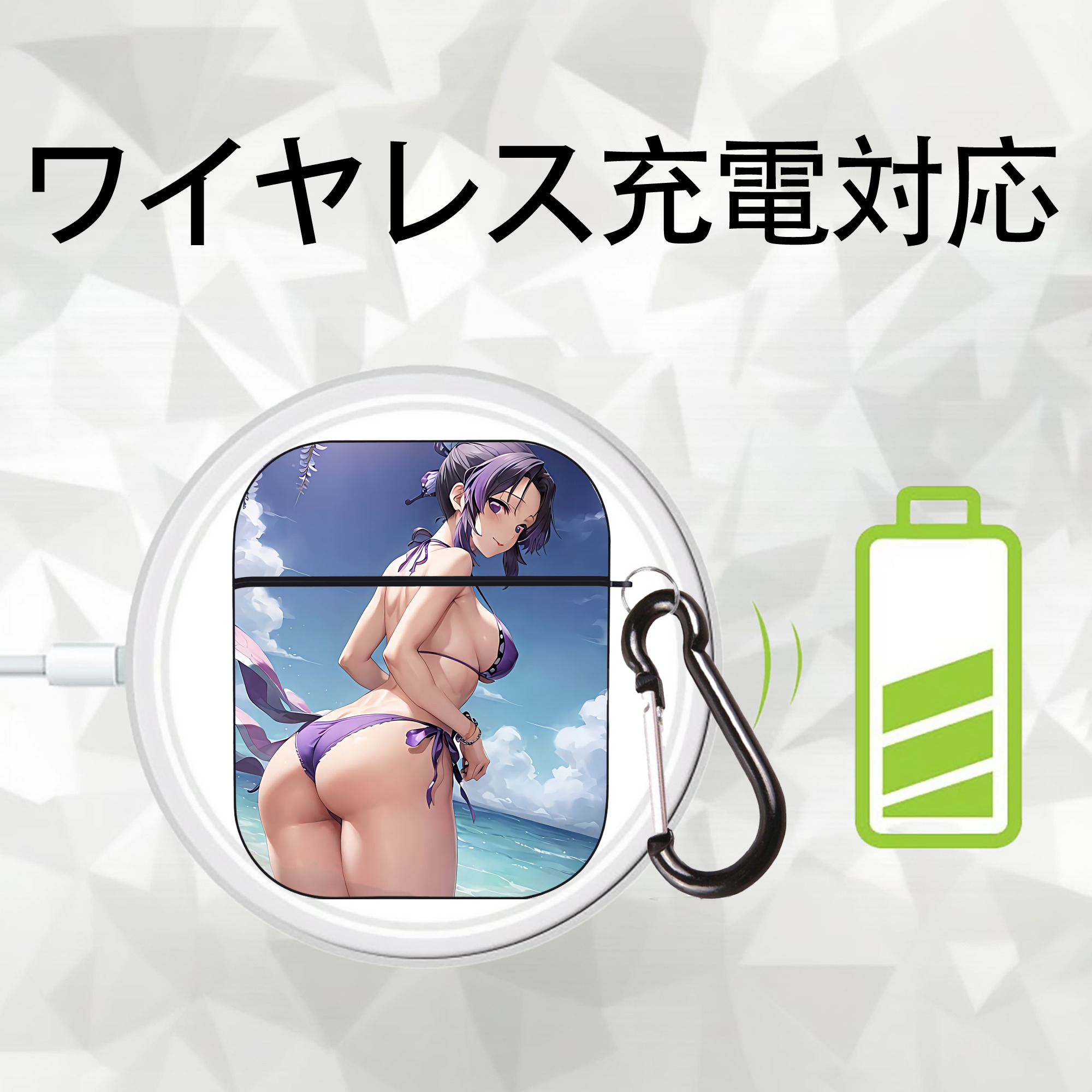 鬼滅の刃（きめつのやいば）蟲柱-胡蝶 しのぶ／こちょう しのぶ Kochou Shinobu AirPods 第2世代保護ケース ハードシェル ブラック 耐衝撃・防指紋・カラビナ付き