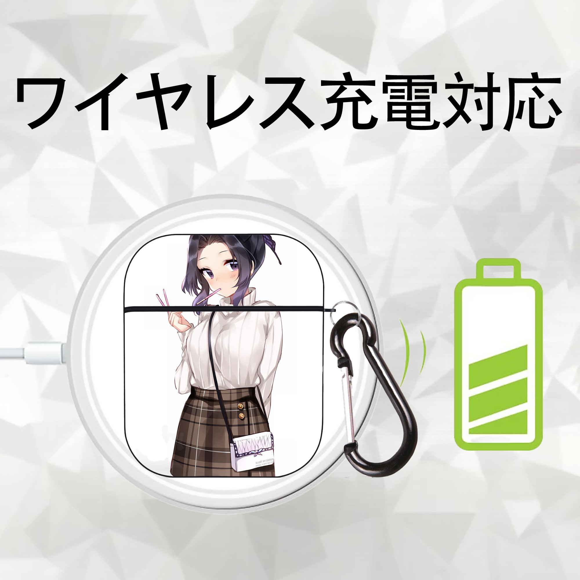 鬼滅の刃（きめつのやいば）蟲柱-胡蝶 しのぶ／こちょう しのぶ Kochou Shinobu AirPods 第2世代保護ケース ハードシェル ブラック 耐衝撃・防指紋・カラビナ付き