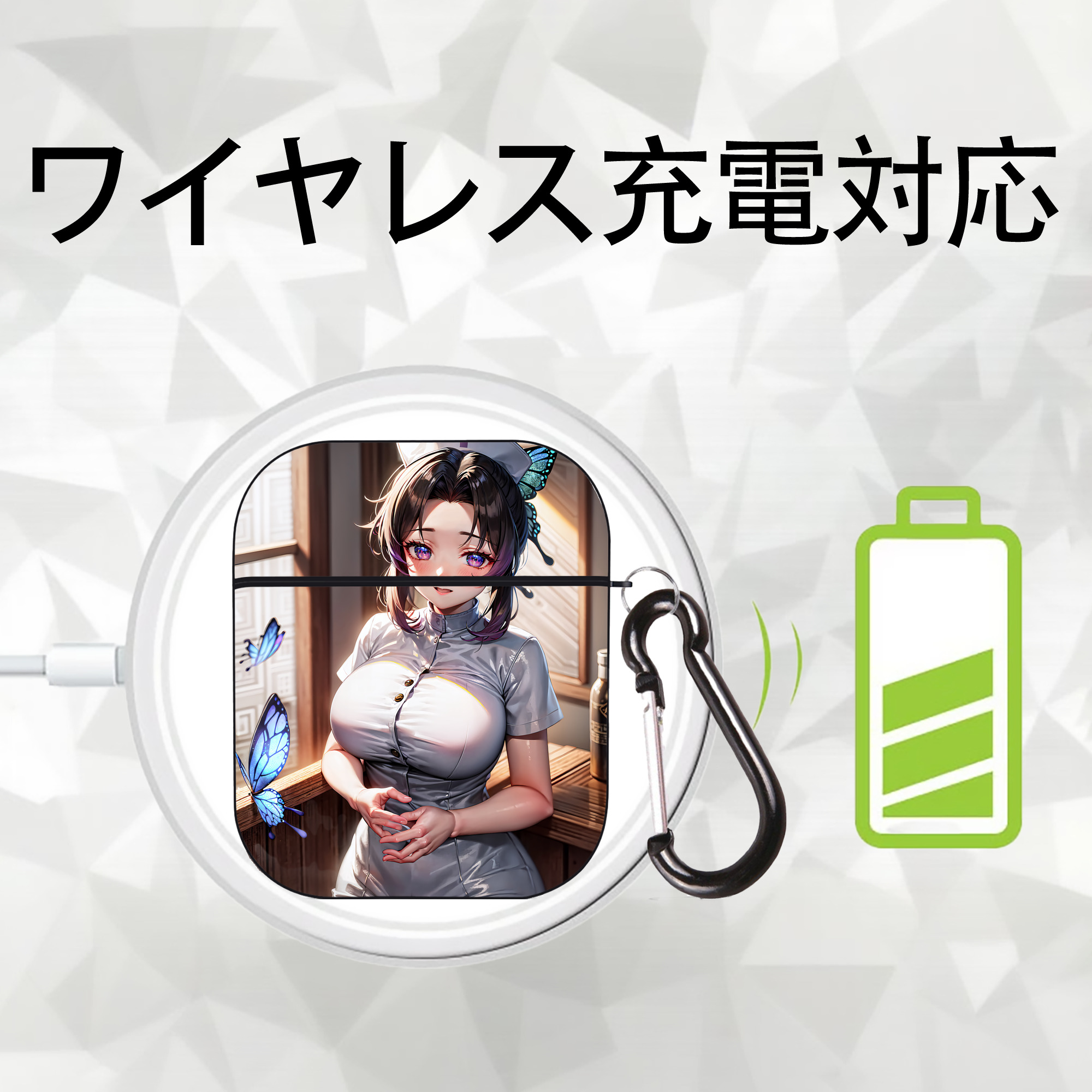 鬼滅の刃（きめつのやいば）蟲柱-胡蝶 しのぶ／こちょう しのぶ Kochou Shinobu AirPods 第2世代保護ケース ハードシェル ブラック 耐衝撃・防指紋・カラビナ付き
