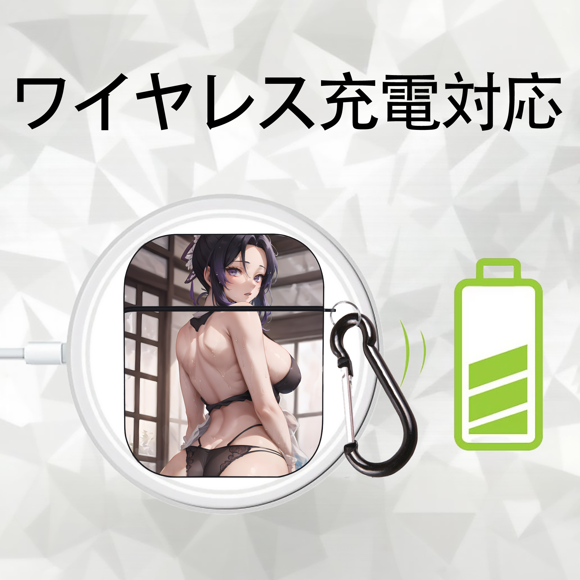鬼滅の刃（きめつのやいば）蟲柱-胡蝶 しのぶ／こちょう しのぶ Kochou Shinobu AirPods 第2世代保護ケース ハードシェル ブラック 耐衝撃・防指紋・カラビナ付き