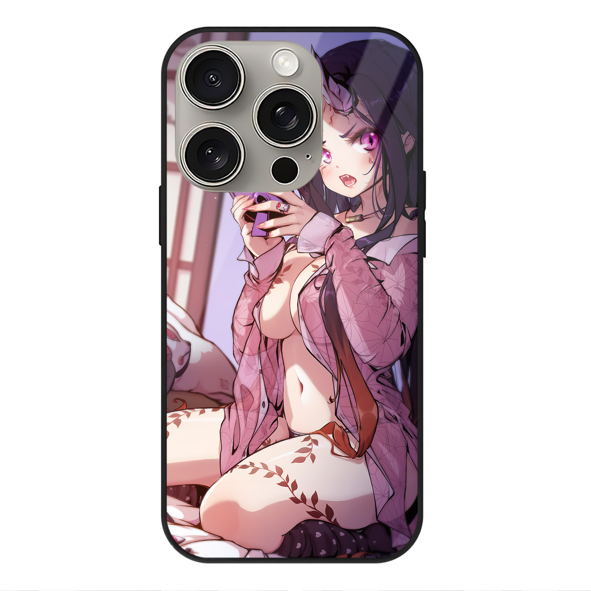 （画像用） 鬼滅の刃（きめつのやいば）竈門 禰󠄀豆子／かまど ねずこ Kamado Nezuko 【iPhone15Pro対応】スマホケース 耐衝撃＆黄変防止 背面ガラス