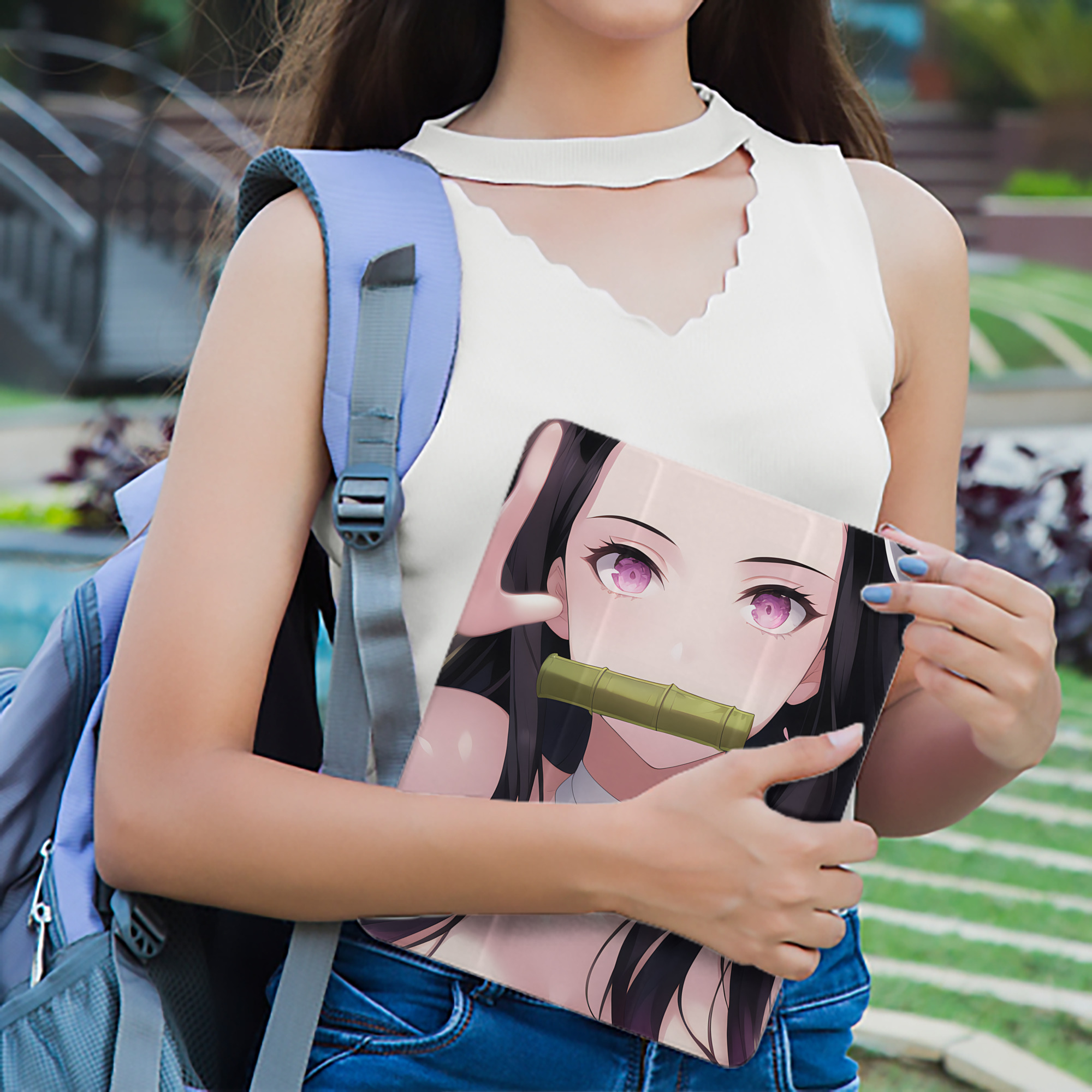 鬼滅の刃（きめつのやいば）竈門 禰󠄀豆子／かまど ねずこ Kamado Nezuko IPad ケース ペン収納付き 三つ折りスタンド PUレザー×シリコン 対応機種9.5/10.5/10.9インチ