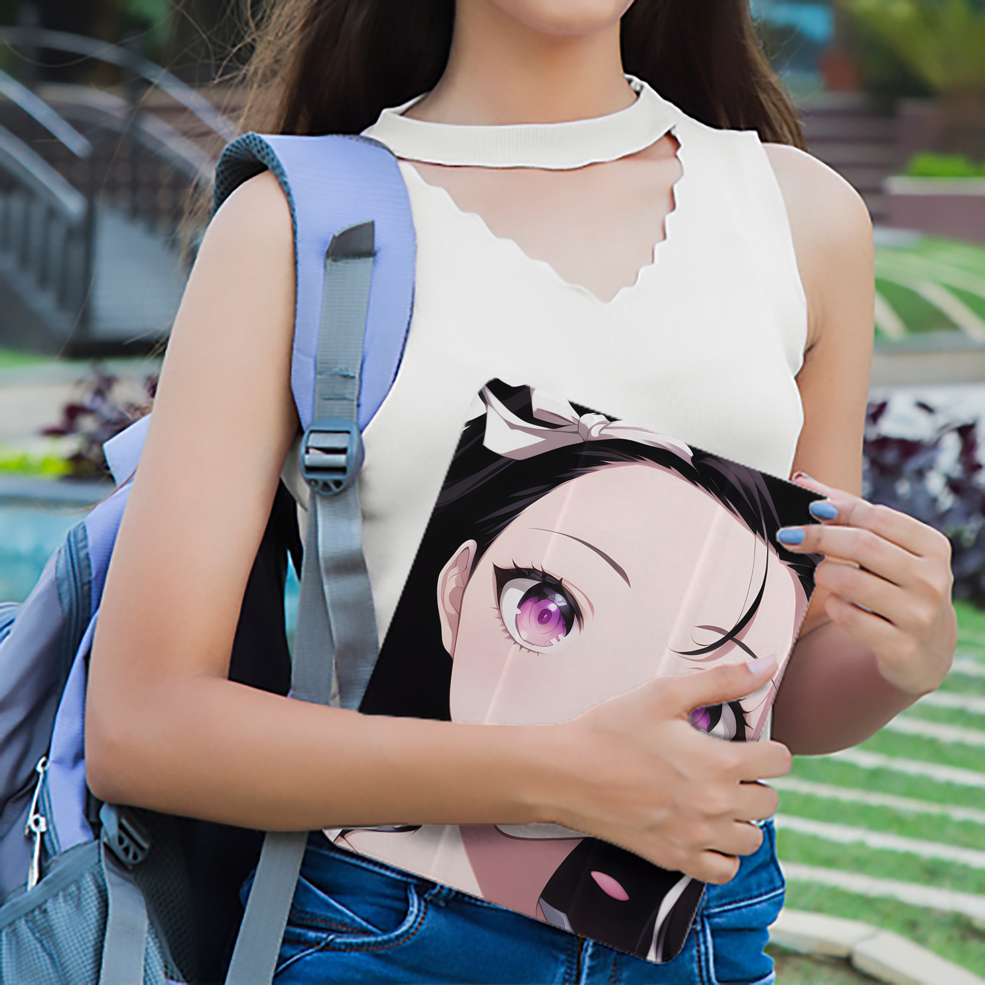 鬼滅の刃（きめつのやいば）竈門 禰󠄀豆子／かまど ねずこ Kamado Nezuko IPad ケース ペン収納付き 三つ折りスタンド PUレザー×シリコン 対応機種9.5/10.5/10.9インチ