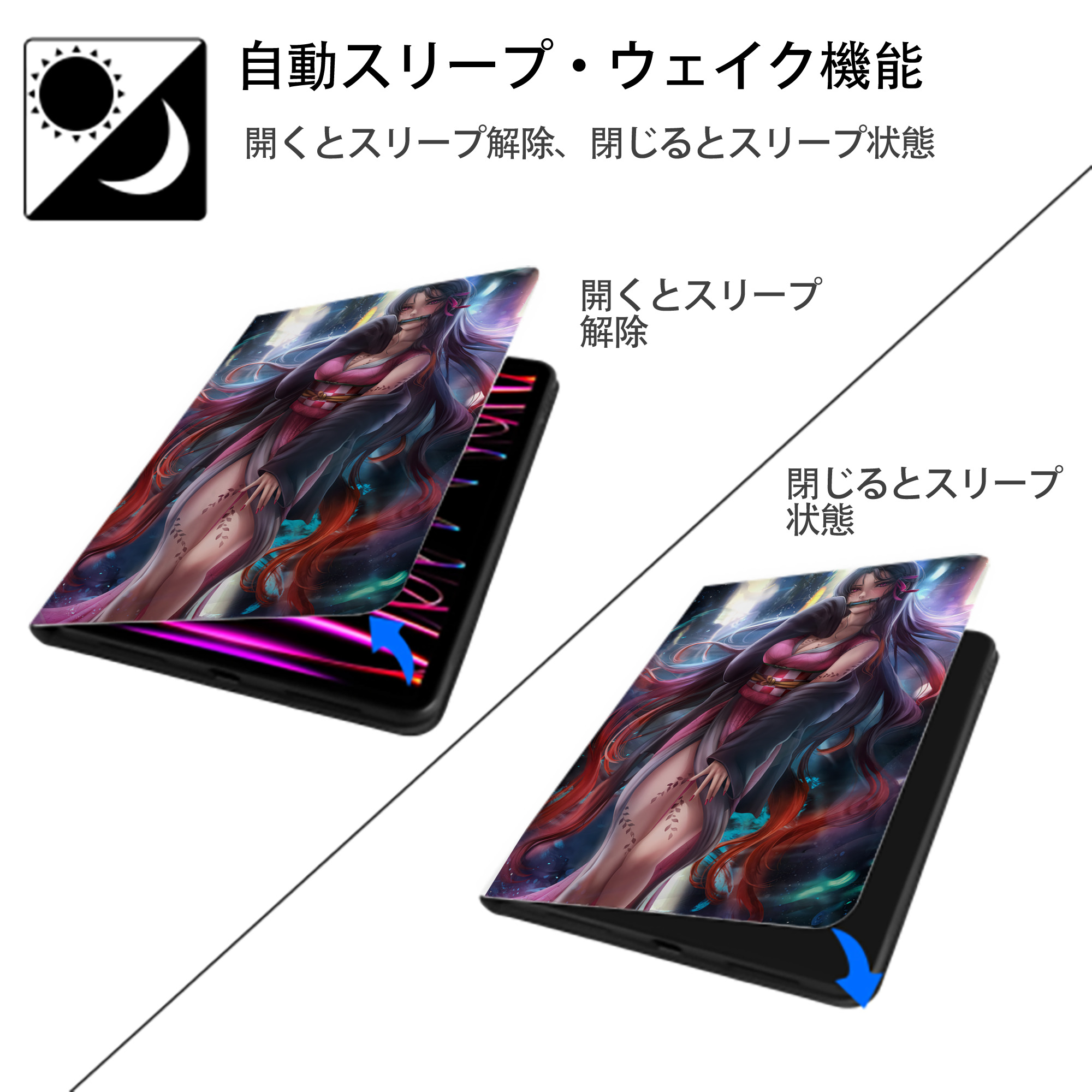 鬼滅の刃（きめつのやいば）竈門 禰󠄀豆子／かまど ねずこ Kamado Nezuko IPad ケース ペン収納付き 三つ折りスタンド PUレザー×シリコン 対応機種9.5/10.5/10.9インチ