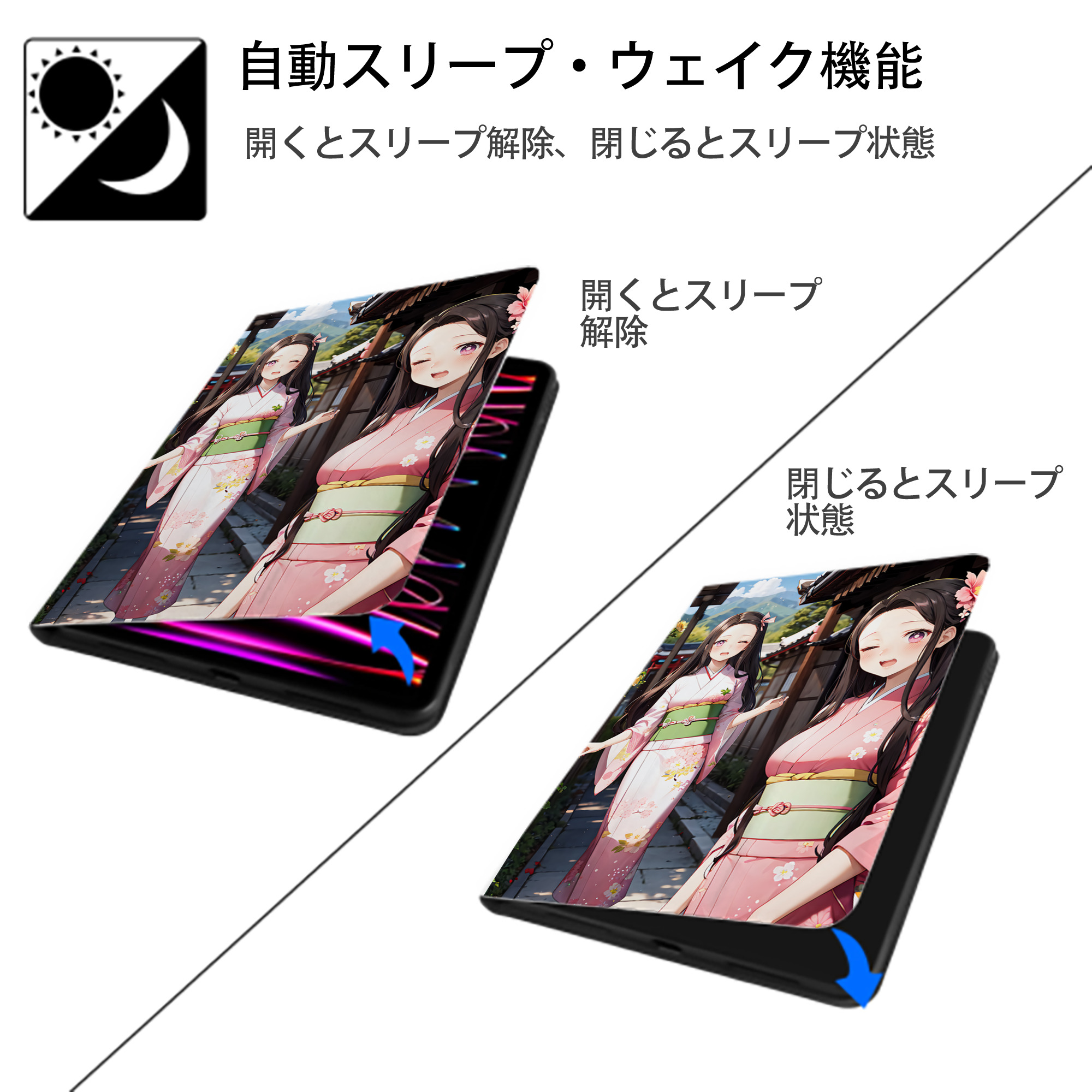 鬼滅の刃（きめつのやいば）竈門 禰󠄀豆子／かまど ねずこ Kamado Nezuko IPad ケース ペン収納付き 三つ折りスタンド PUレザー×シリコン 対応機種9.5/10.5/10.9インチ
