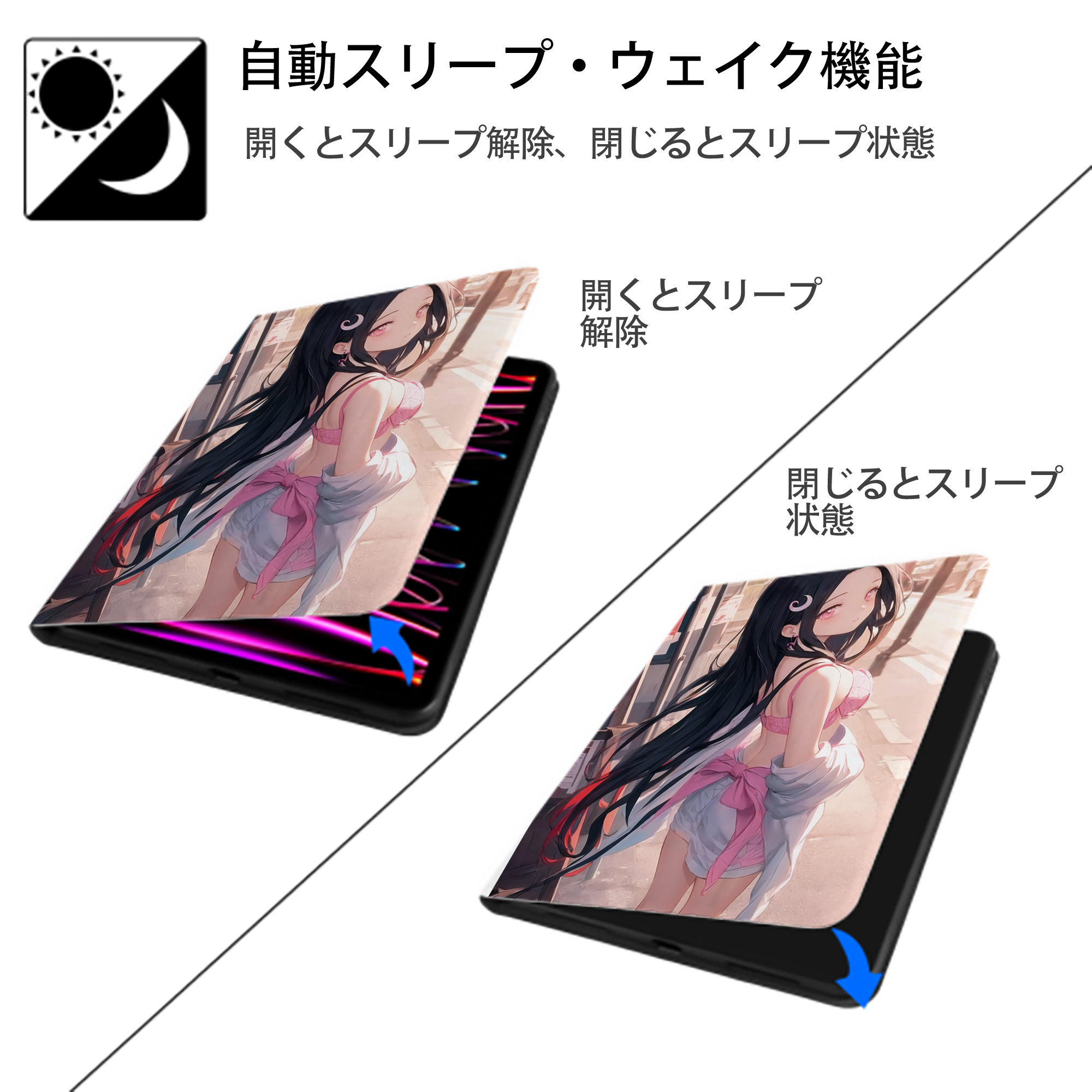 鬼滅の刃（きめつのやいば）竈門 禰󠄀豆子／かまど ねずこ Kamado Nezuko IPad ケース ペン収納付き 三つ折りスタンド PUレザー×シリコン 対応機種9.5/10.5/10.9インチ