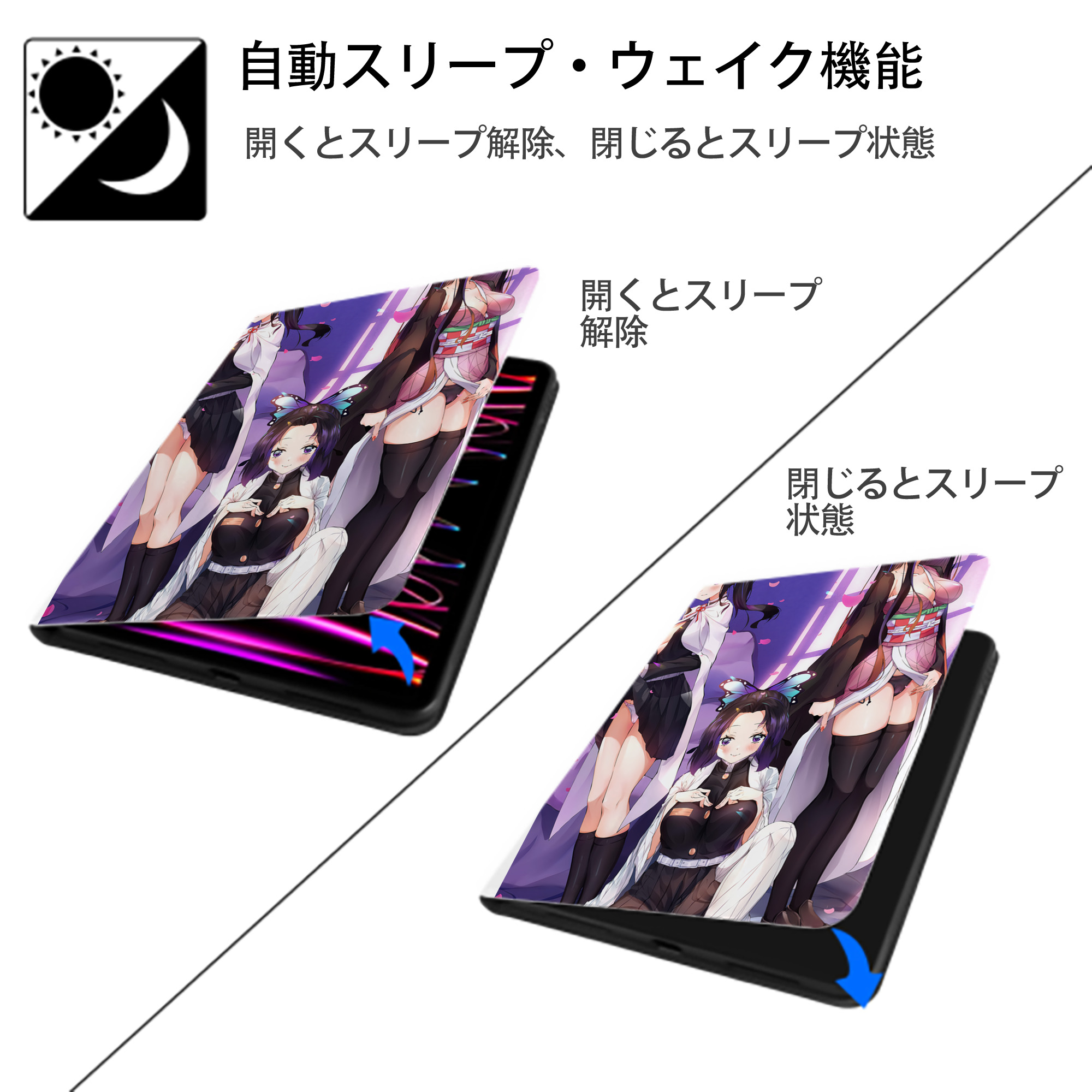 鬼滅の刃（きめつのやいば）竈門 禰󠄀豆子／かまど ねずこ Kamado Nezuko IPad ケース ペン収納付き 三つ折りスタンド PUレザー×シリコン 対応機種9.5/10.5/10.9インチ