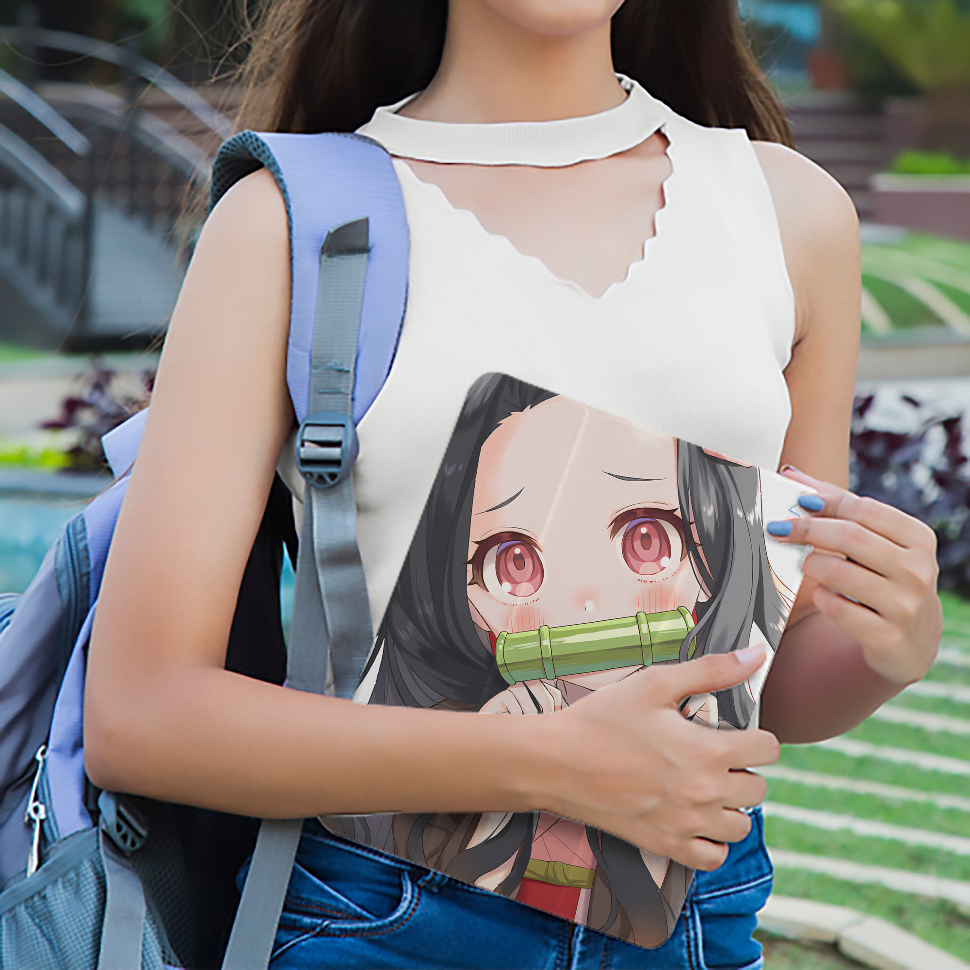 鬼滅の刃（きめつのやいば）竈門 禰󠄀豆子／かまど ねずこ Kamado Nezuko IPad ケース ペン収納付き 三つ折りスタンド PUレザー×シリコン 対応機種9.5/10.5/10.9インチ