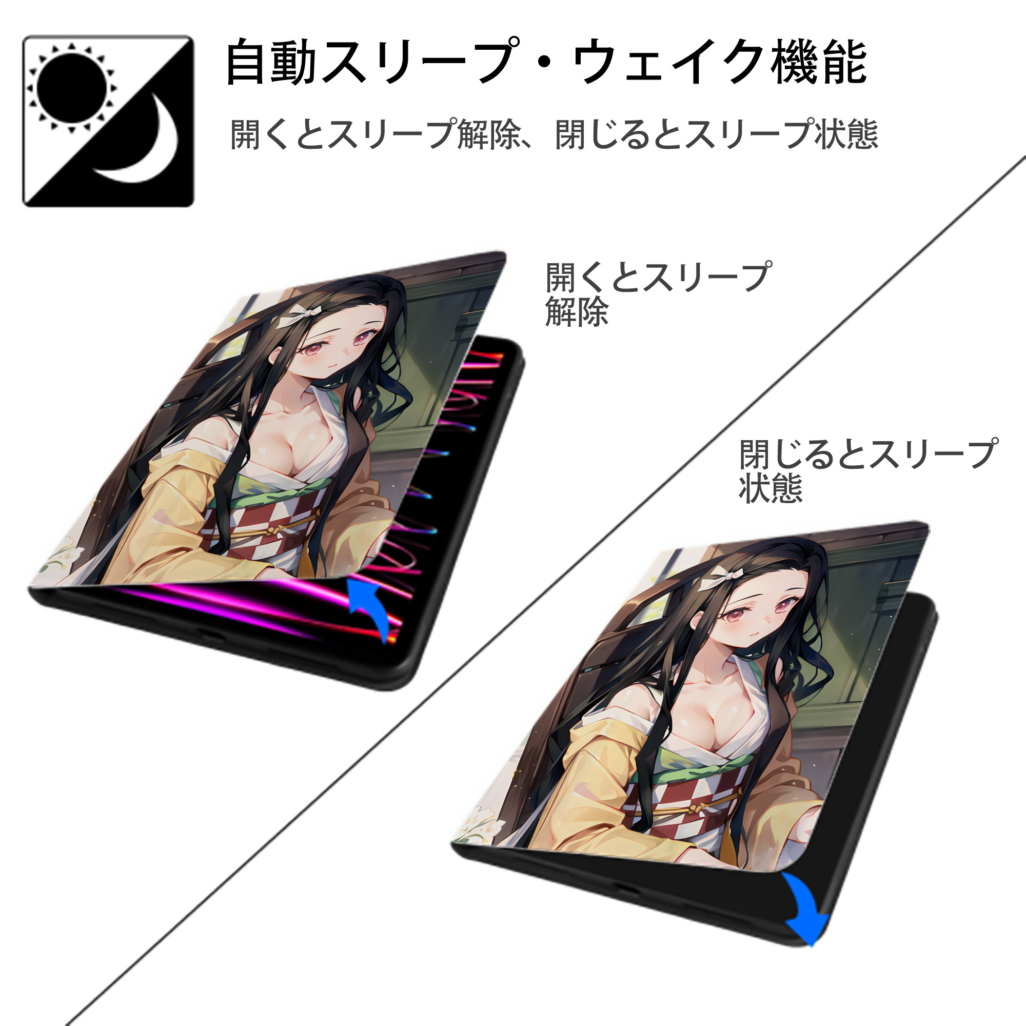 鬼滅の刃（きめつのやいば）竈門 禰󠄀豆子／かまど ねずこ Kamado Nezuko IPad ケース ペン収納付き 三つ折りスタンド PUレザー×シリコン 対応機種9.5/10.5/10.9インチ