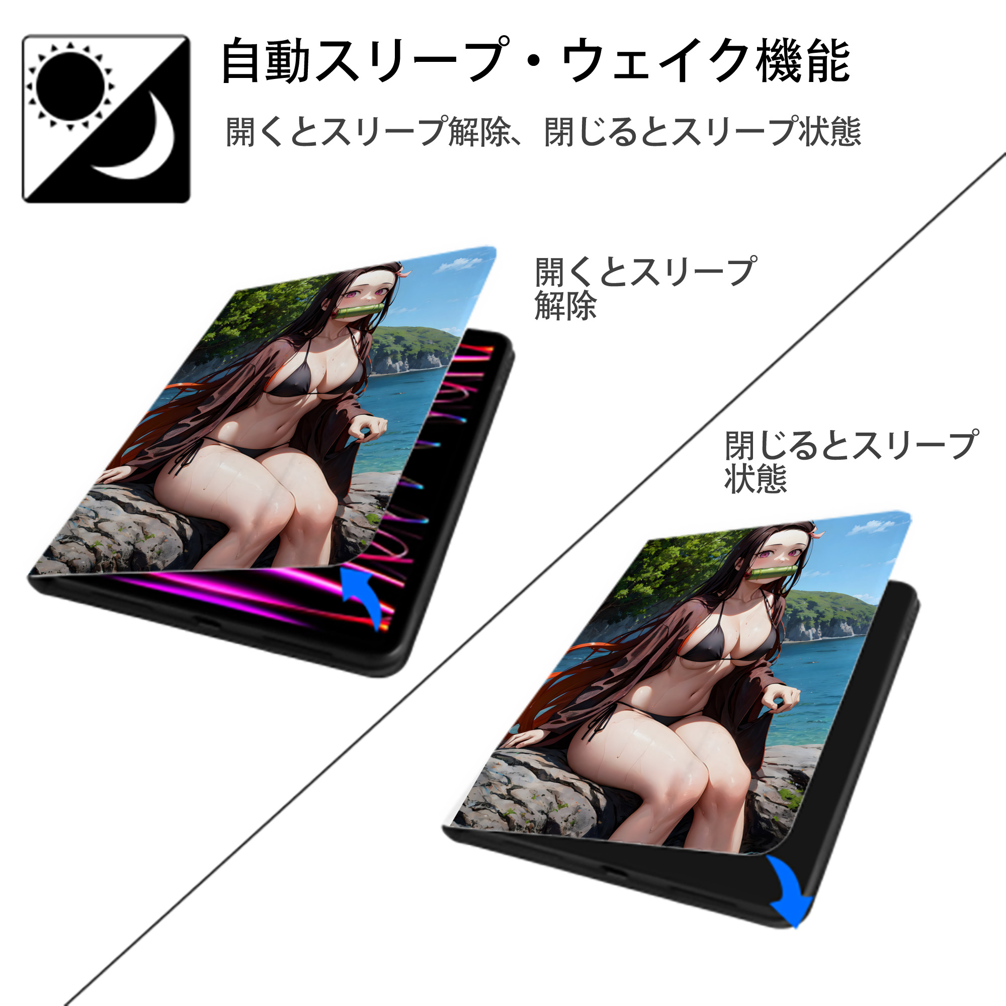 鬼滅の刃（きめつのやいば）竈門 禰󠄀豆子／かまど ねずこ Kamado Nezuko IPad ケース ペン収納付き 三つ折りスタンド PUレザー×シリコン 対応機種9.5/10.5/10.9インチ