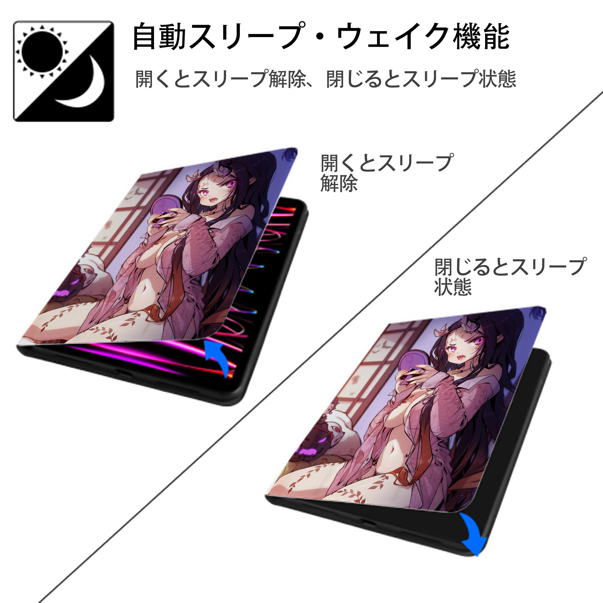 鬼滅の刃（きめつのやいば）竈門 禰󠄀豆子／かまど ねずこ Kamado Nezuko IPad ケース ペン収納付き 三つ折りスタンド PUレザー×シリコン 対応機種9.5/10.5/10.9インチ