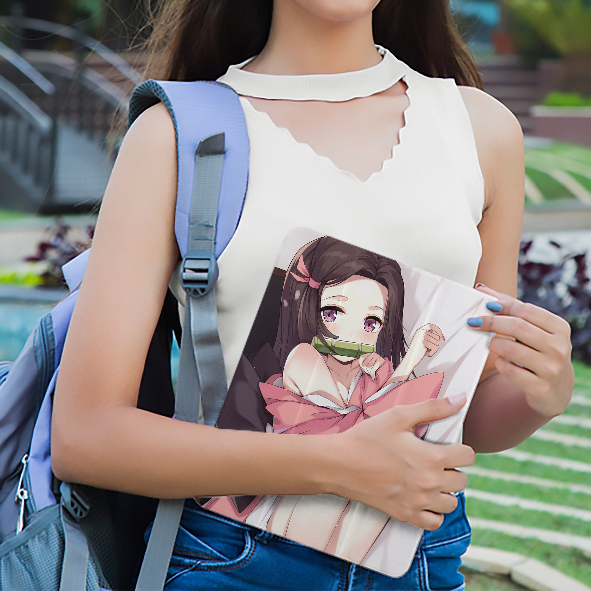 鬼滅の刃（きめつのやいば）竈門 禰󠄀豆子／かまど ねずこ Kamado Nezuko IPad ケース ペン収納付き 三つ折りスタンド PUレザー×シリコン 対応機種9.5/10.5/10.9インチ
