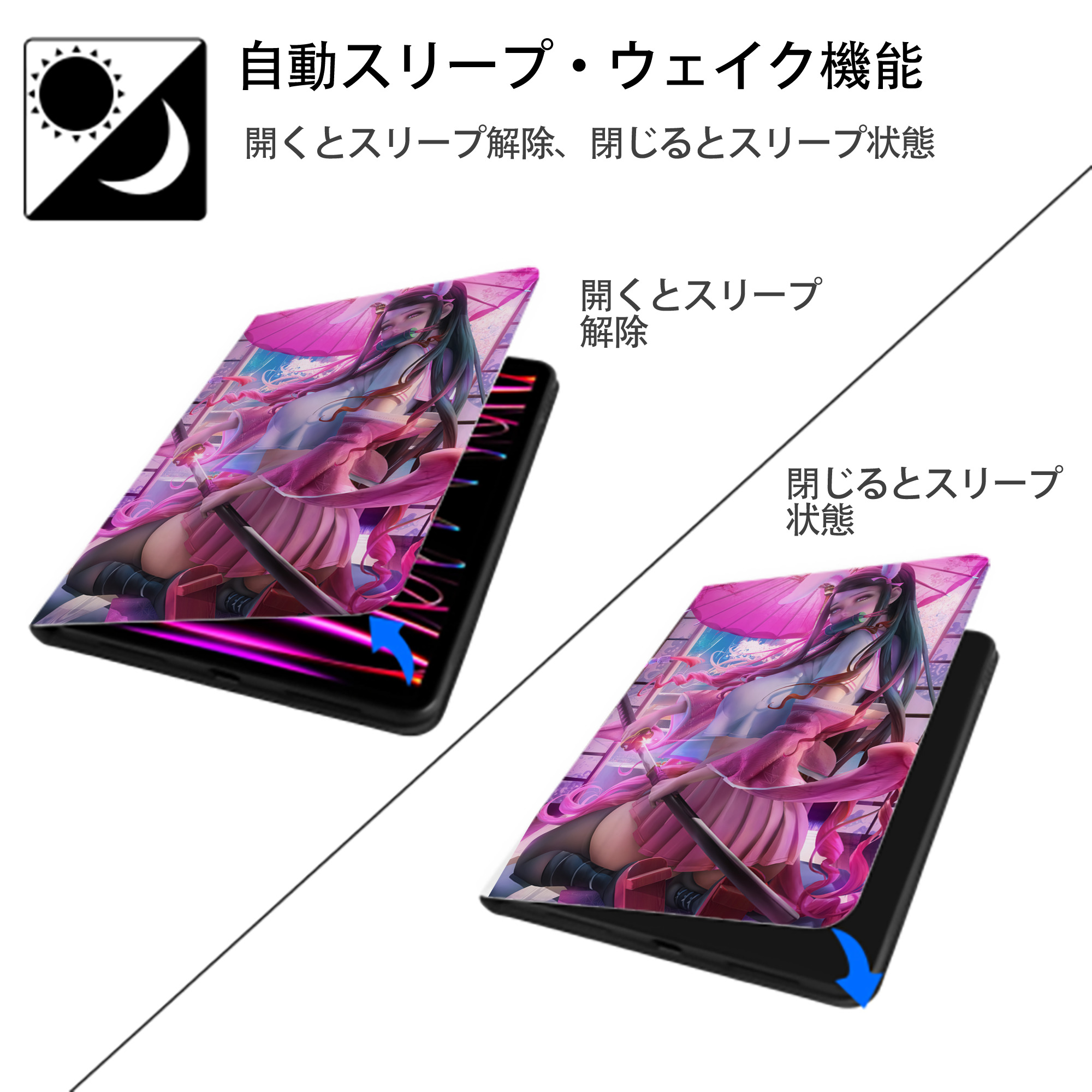 鬼滅の刃（きめつのやいば）竈門 禰󠄀豆子／かまど ねずこ Kamado Nezuko IPad ケース ペン収納付き 三つ折りスタンド PUレザー×シリコン 対応機種9.5/10.5/10.9インチ