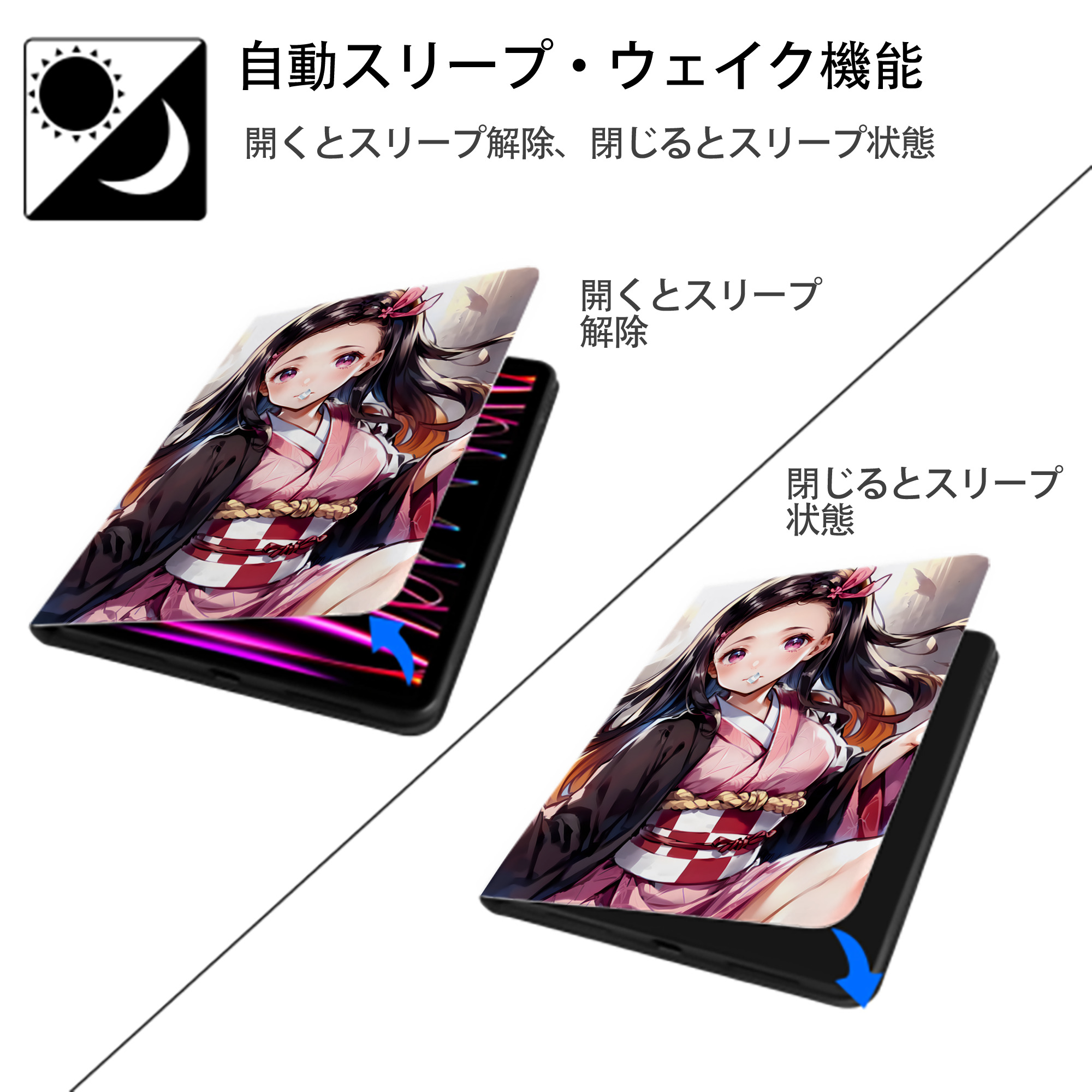 鬼滅の刃（きめつのやいば）竈門 禰󠄀豆子／かまど ねずこ Kamado Nezuko IPad ケース ペン収納付き 三つ折りスタンド PUレザー×シリコン 対応機種9.5/10.5/10.9インチ