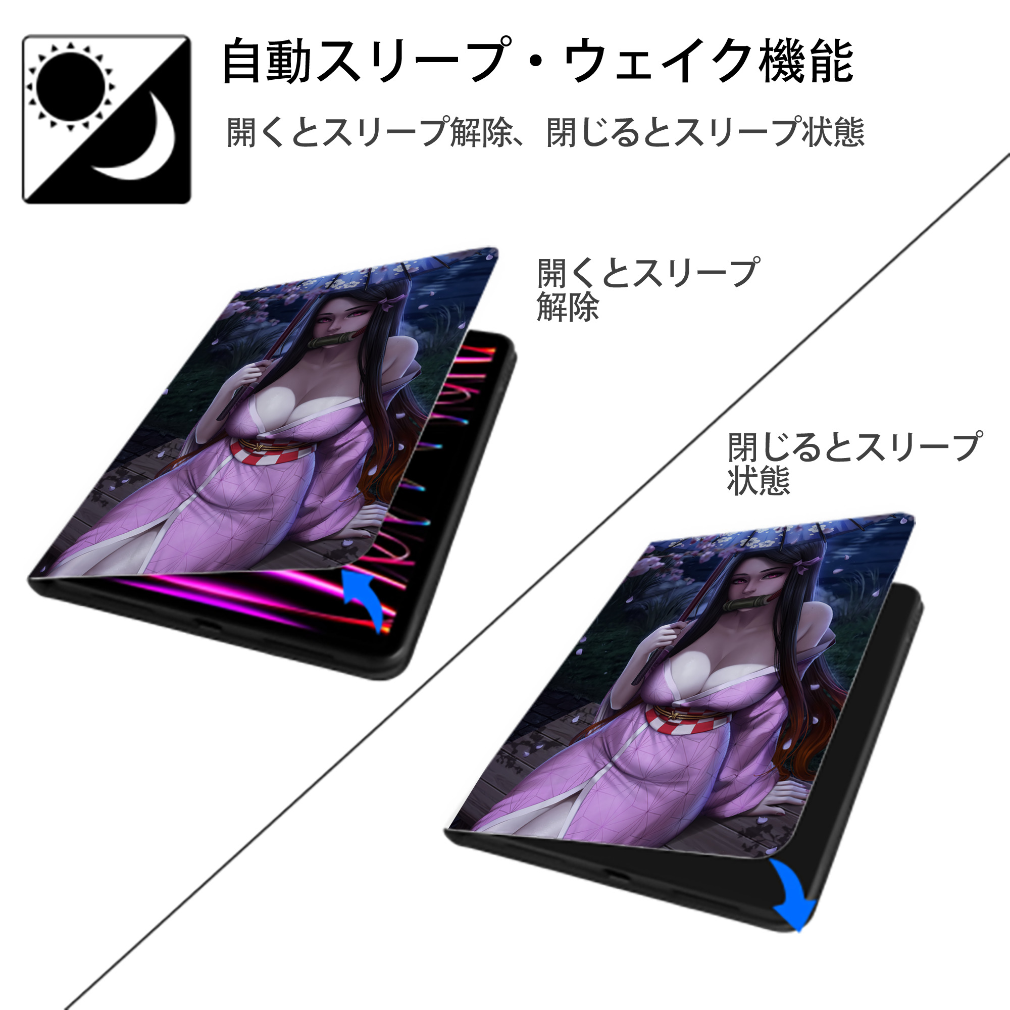 鬼滅の刃（きめつのやいば）竈門 禰󠄀豆子／かまど ねずこ Kamado Nezuko IPad ケース ペン収納付き 三つ折りスタンド PUレザー×シリコン 対応機種9.5/10.5/10.9インチ