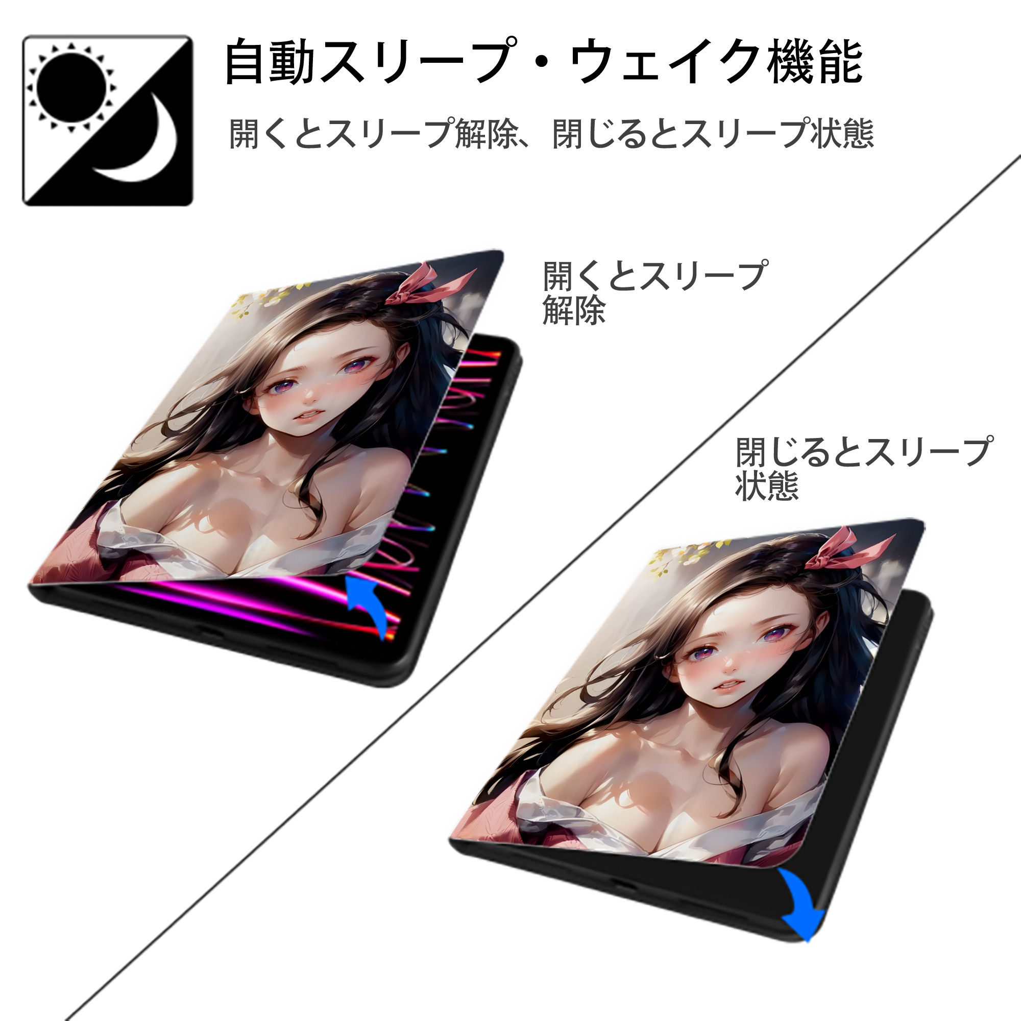 鬼滅の刃（きめつのやいば）竈門 禰󠄀豆子／かまど ねずこ Kamado Nezuko IPad ケース ペン収納付き 三つ折りスタンド PUレザー×シリコン 対応機種9.5/10.5/10.9インチ