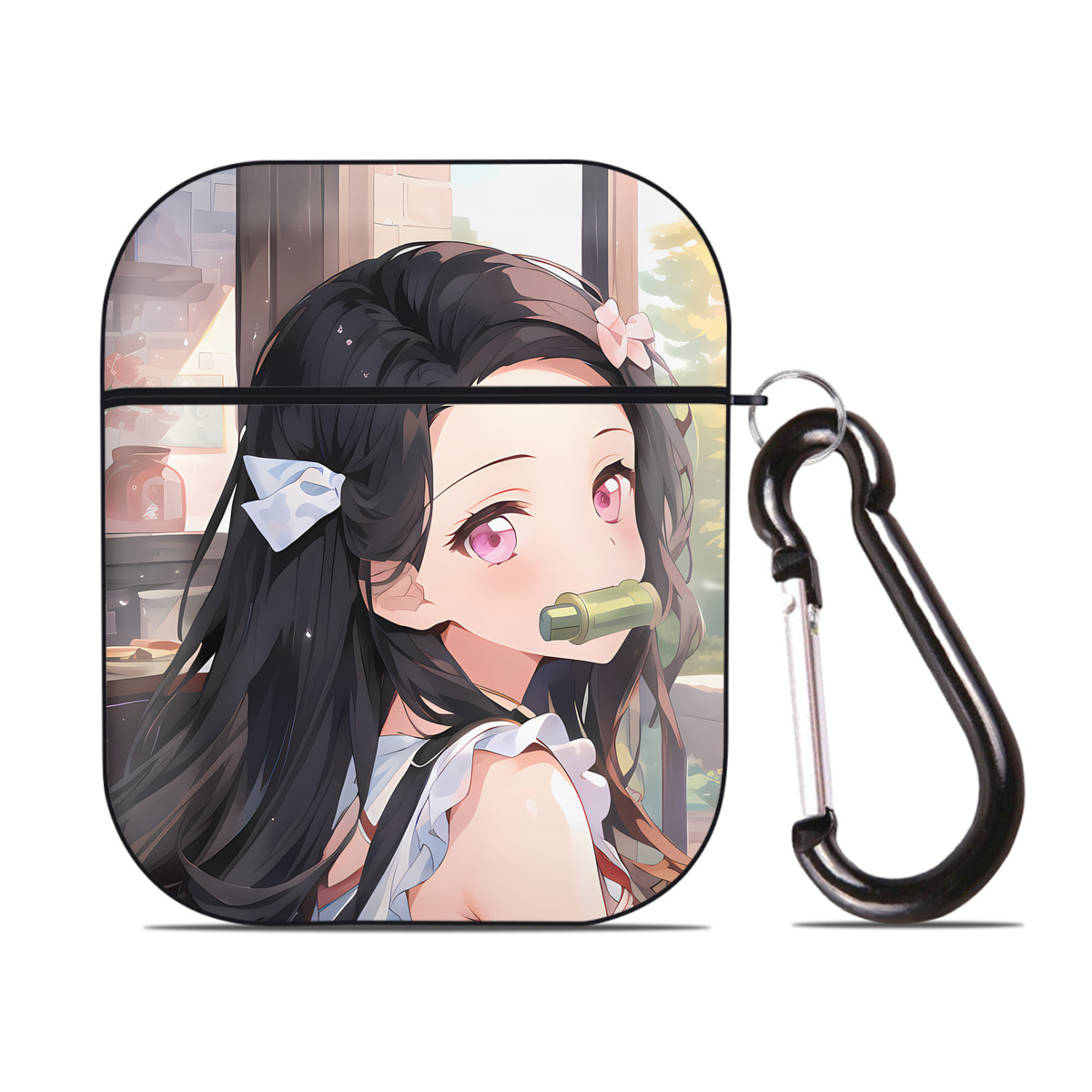 （画像用） 鬼滅の刃（きめつのやいば）竈門 禰󠄀豆子／かまど ねずこ Kamado Nezuko AirPods 第2世代保護ケース ハードシェル ブラック 耐衝撃・防指紋・カラビナ付き