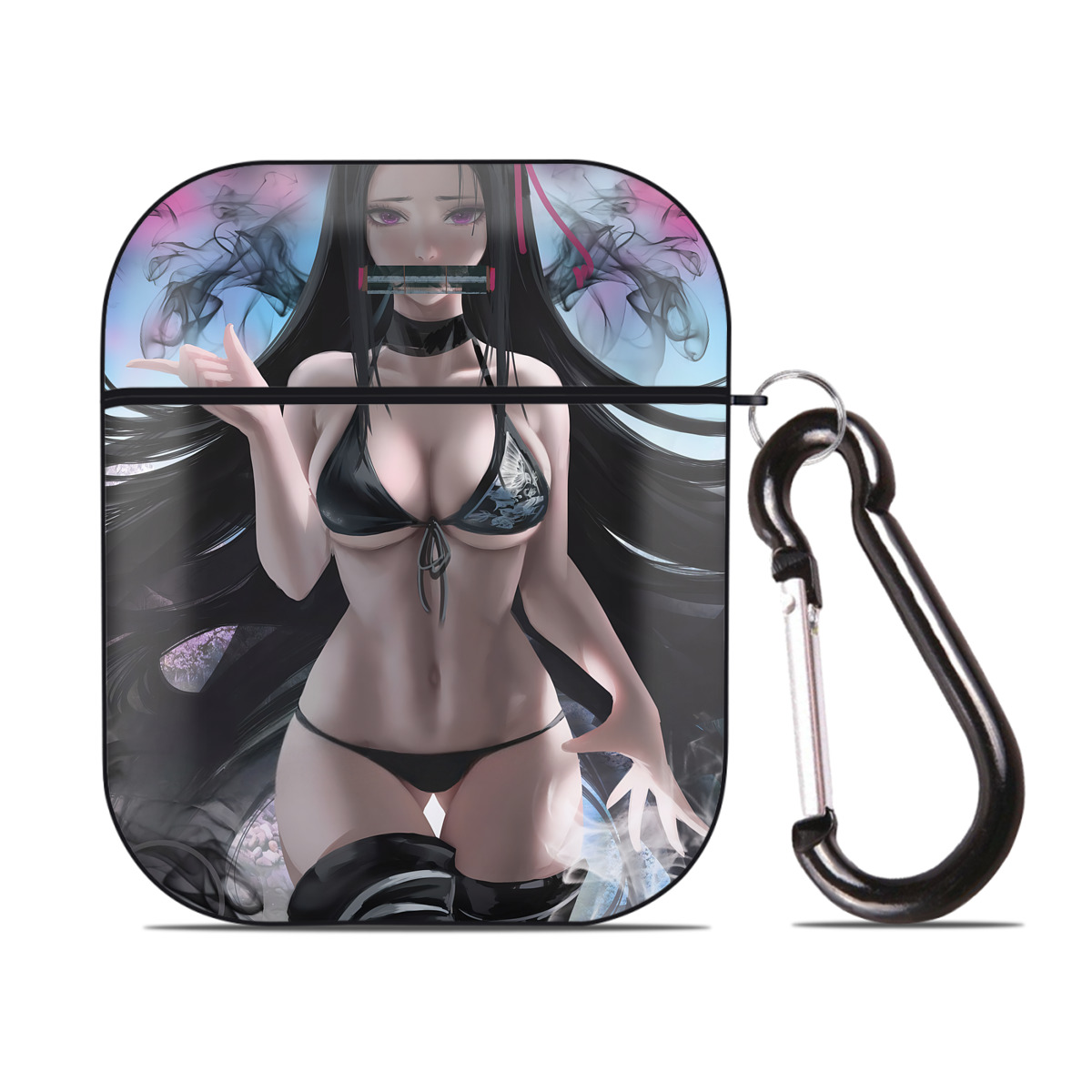 （画像用） 鬼滅の刃（きめつのやいば）竈門 禰󠄀豆子／かまど ねずこ Kamado Nezuko AirPods 第2世代保護ケース ハードシェル ブラック 耐衝撃・防指紋・カラビナ付き