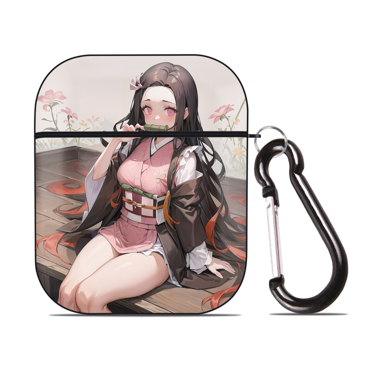 （画像用） 鬼滅の刃（きめつのやいば）竈門 禰󠄀豆子／かまど ねずこ Kamado Nezuko AirPods 第2世代保護ケース ハードシェル ブラック 耐衝撃・防指紋・カラビナ付き