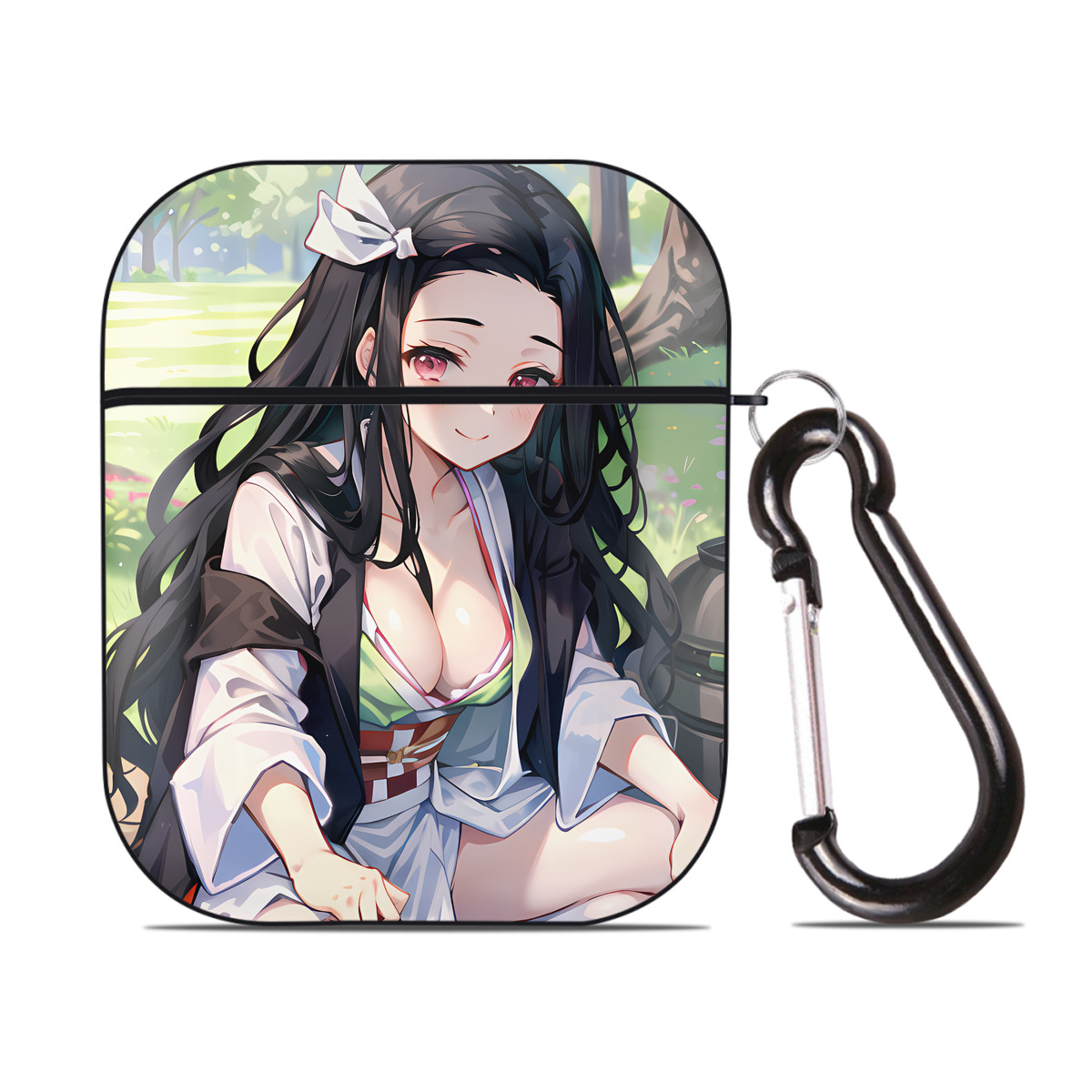 （画像用） 鬼滅の刃（きめつのやいば）竈門 禰󠄀豆子／かまど ねずこ Kamado Nezuko AirPods 第2世代保護ケース ハードシェル ブラック 耐衝撃・防指紋・カラビナ付き