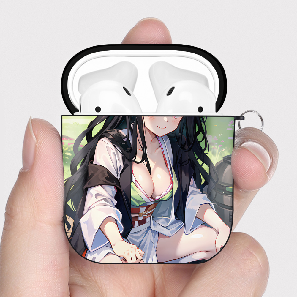 （画像用） 鬼滅の刃（きめつのやいば）竈門 禰󠄀豆子／かまど ねずこ Kamado Nezuko AirPods 第2世代保護ケース ハードシェル ブラック 耐衝撃・防指紋・カラビナ付き
