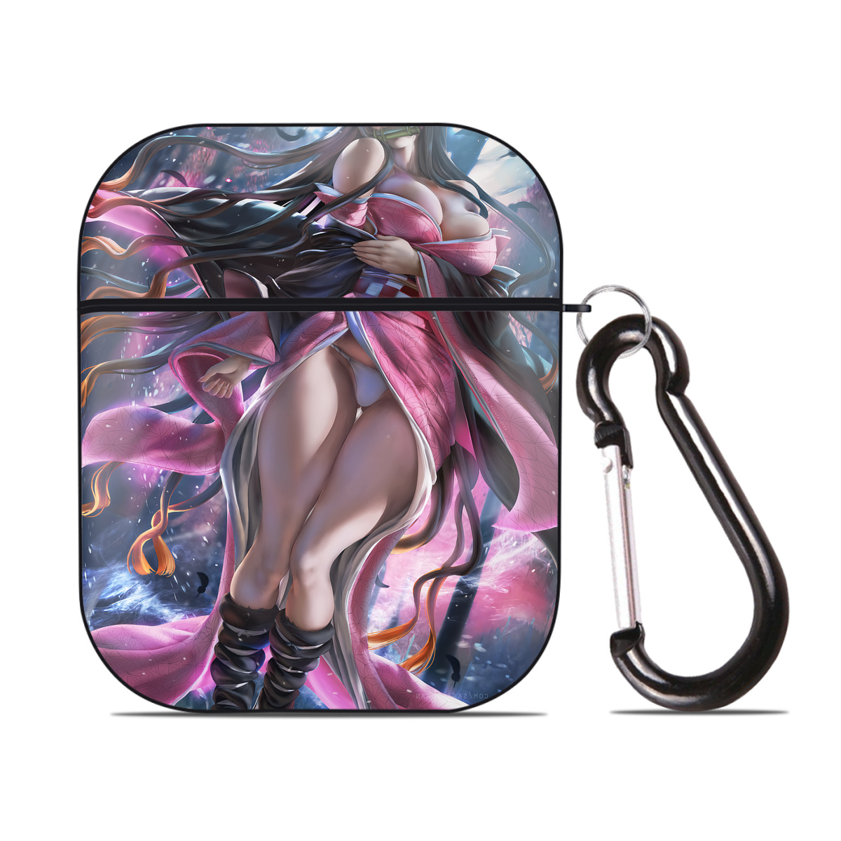（画像用） 鬼滅の刃（きめつのやいば）竈門 禰󠄀豆子／かまど ねずこ Kamado Nezuko AirPods 第2世代保護ケース ハードシェル ブラック 耐衝撃・防指紋・カラビナ付き