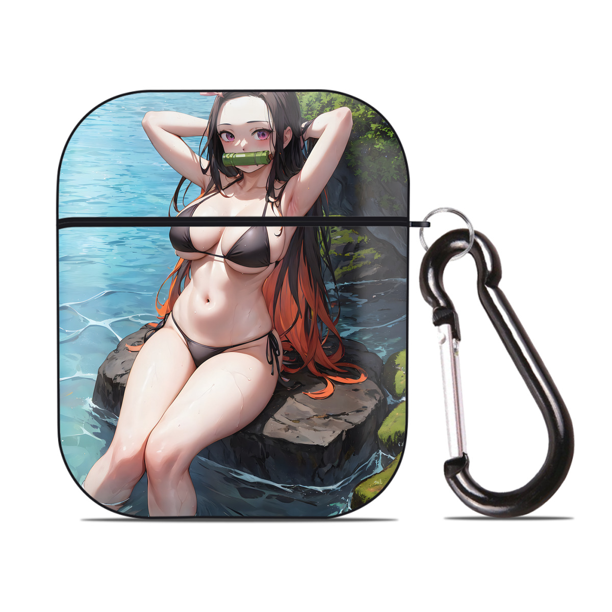 （画像用） 鬼滅の刃（きめつのやいば）竈門 禰󠄀豆子／かまど ねずこ Kamado Nezuko AirPods 第2世代保護ケース ハードシェル ブラック 耐衝撃・防指紋・カラビナ付き