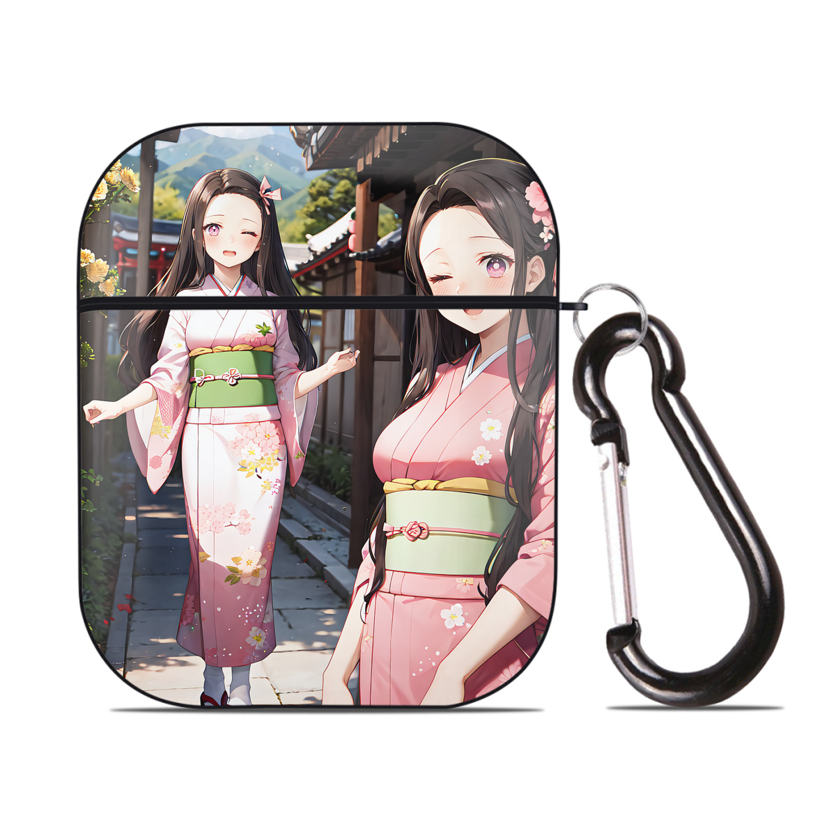 （画像用） 鬼滅の刃（きめつのやいば）竈門 禰󠄀豆子／かまど ねずこ Kamado Nezuko AirPods 第2世代保護ケース ハードシェル ブラック 耐衝撃・防指紋・カラビナ付き