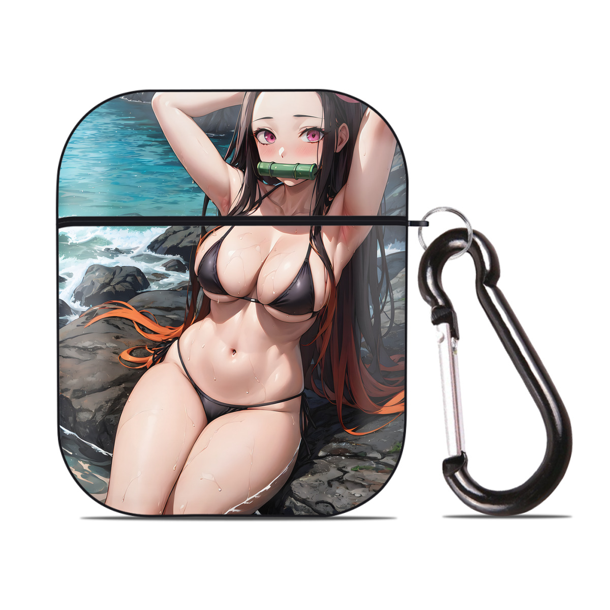 （画像用） 鬼滅の刃（きめつのやいば）竈門 禰󠄀豆子／かまど ねずこ Kamado Nezuko AirPods 第2世代保護ケース ハードシェル ブラック 耐衝撃・防指紋・カラビナ付き
