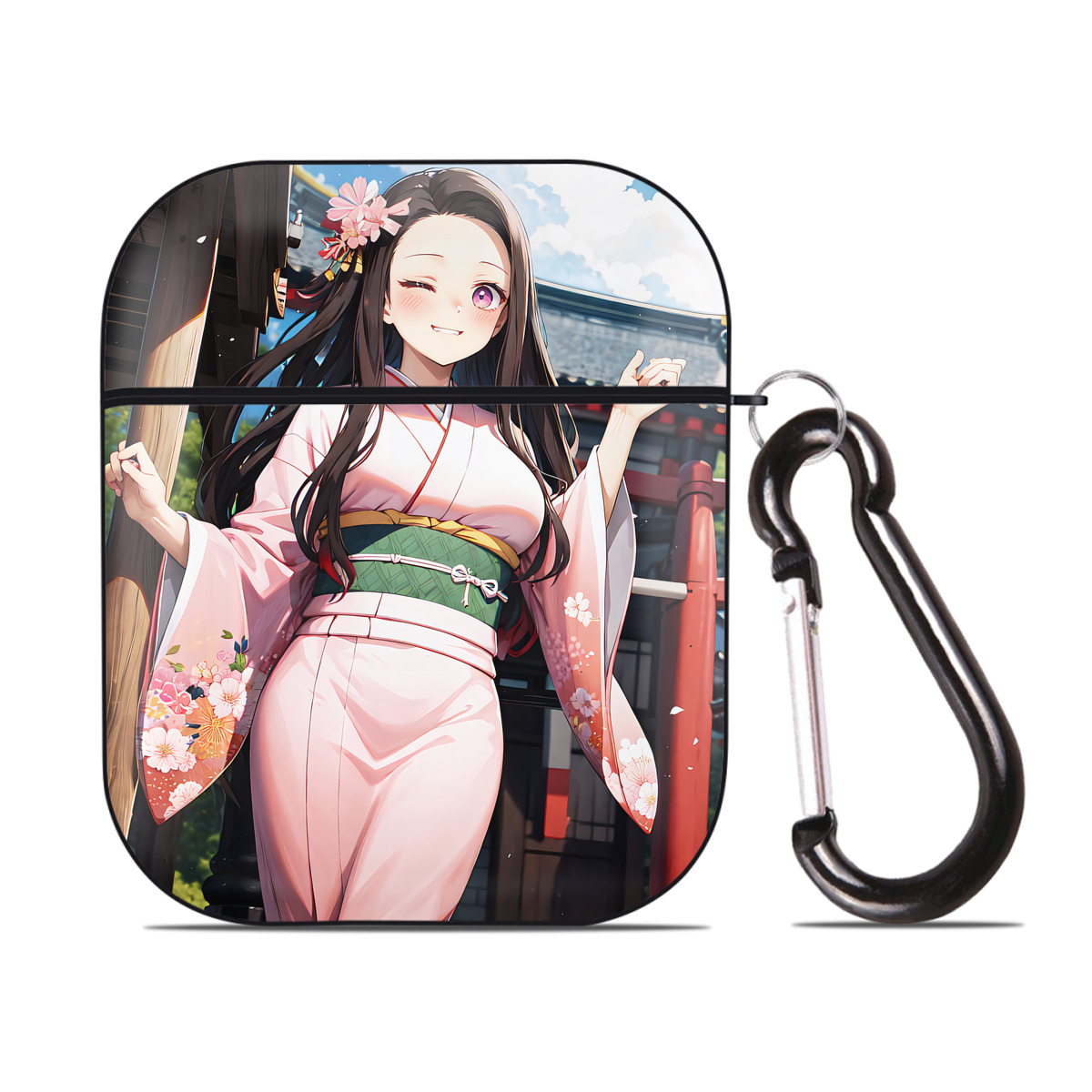 （画像用） 鬼滅の刃（きめつのやいば）竈門 禰󠄀豆子／かまど ねずこ Kamado Nezuko AirPods 第2世代保護ケース ハードシェル ブラック 耐衝撃・防指紋・カラビナ付き