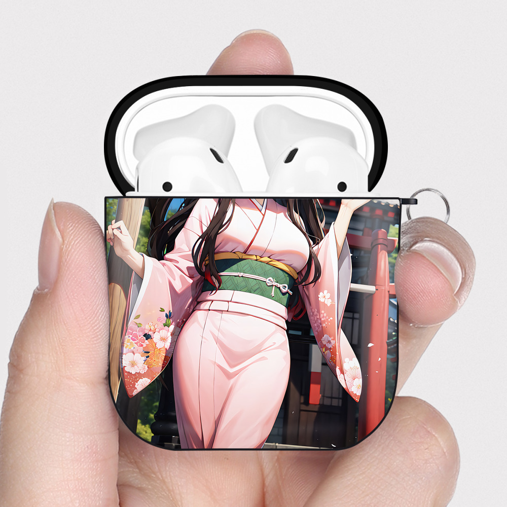 （画像用） 鬼滅の刃（きめつのやいば）竈門 禰󠄀豆子／かまど ねずこ Kamado Nezuko AirPods 第2世代保護ケース ハードシェル ブラック 耐衝撃・防指紋・カラビナ付き