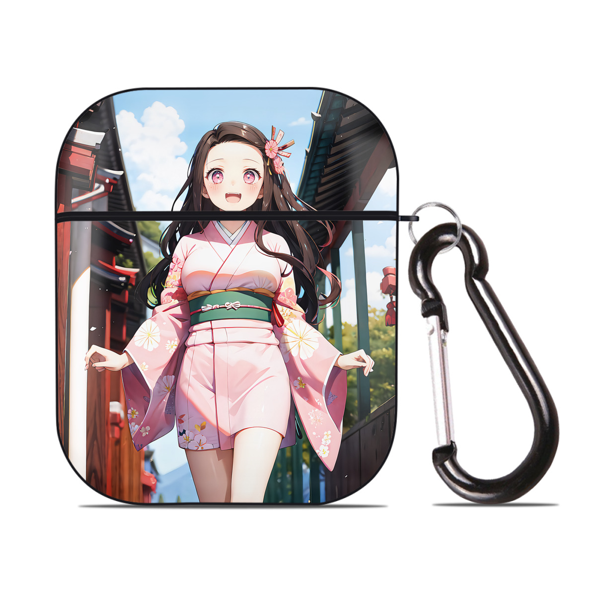 （画像用） 鬼滅の刃（きめつのやいば）竈門 禰󠄀豆子／かまど ねずこ Kamado Nezuko AirPods 第2世代保護ケース ハードシェル ブラック 耐衝撃・防指紋・カラビナ付き