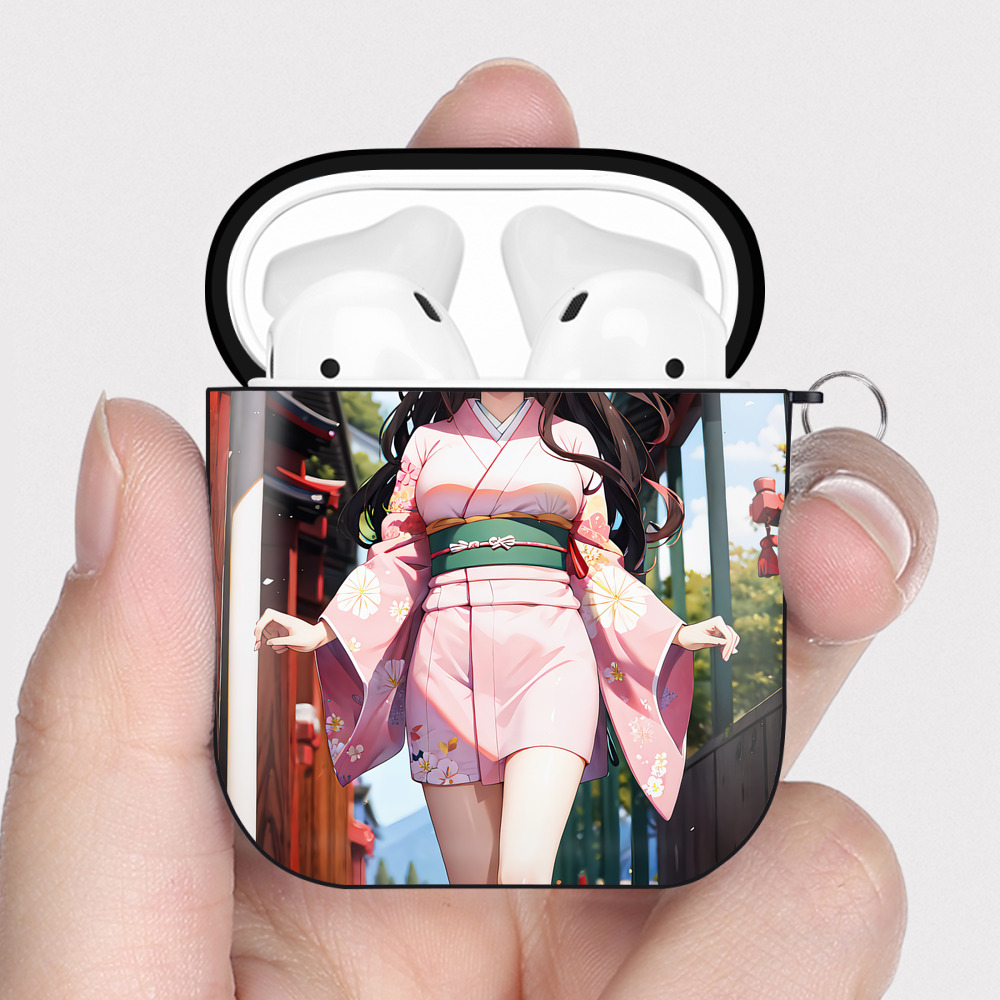 （画像用） 鬼滅の刃（きめつのやいば）竈門 禰󠄀豆子／かまど ねずこ Kamado Nezuko AirPods 第2世代保護ケース ハードシェル ブラック 耐衝撃・防指紋・カラビナ付き