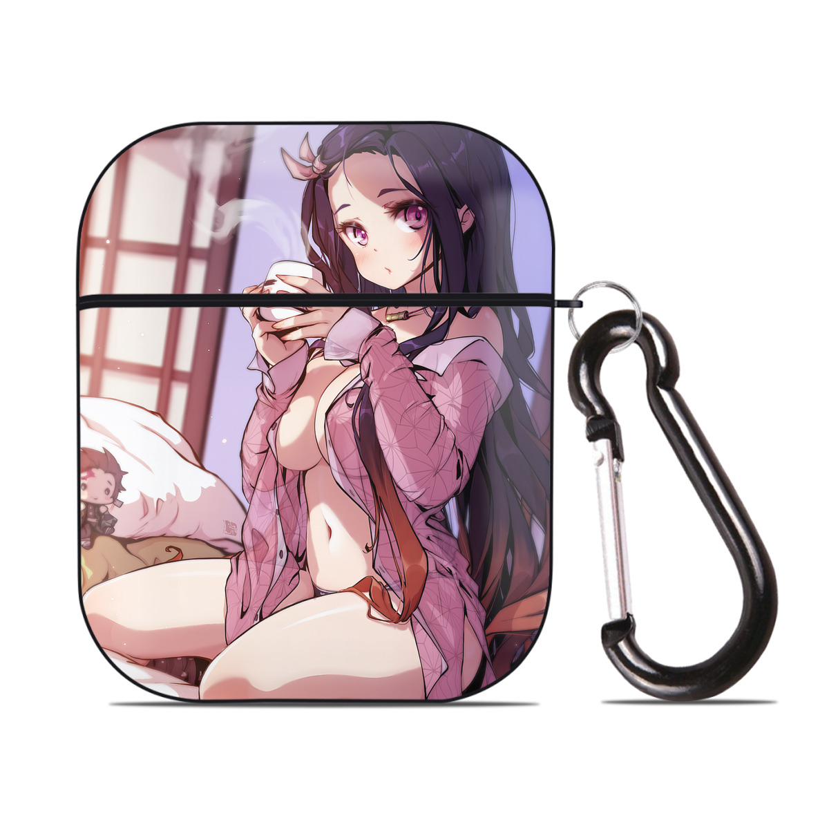 （画像用） 鬼滅の刃（きめつのやいば）竈門 禰󠄀豆子／かまど ねずこ Kamado Nezuko AirPods 第2世代保護ケース ハードシェル ブラック 耐衝撃・防指紋・カラビナ付き