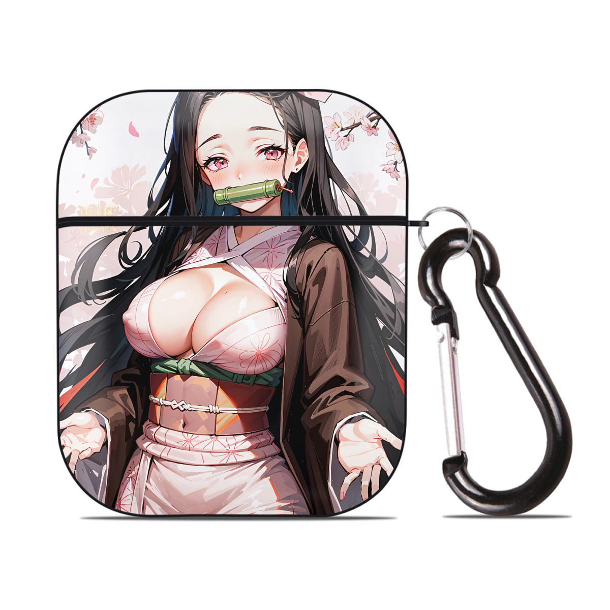 （画像用） 鬼滅の刃（きめつのやいば）竈門 禰󠄀豆子／かまど ねずこ Kamado Nezuko AirPods 第2世代保護ケース ハードシェル ブラック 耐衝撃・防指紋・カラビナ付き