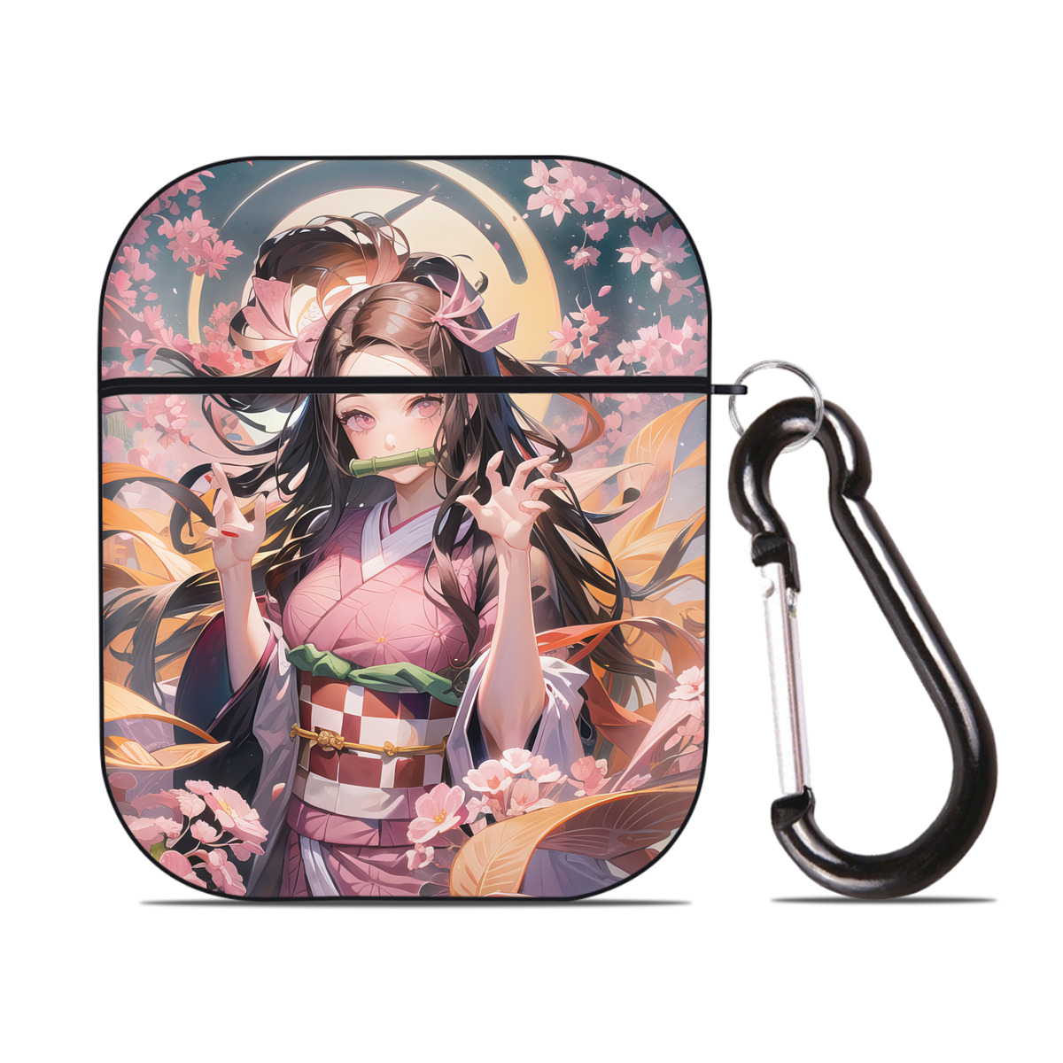（画像用） 鬼滅の刃（きめつのやいば）竈門 禰󠄀豆子／かまど ねずこ Kamado Nezuko AirPods 第2世代保護ケース ハードシェル ブラック 耐衝撃・防指紋・カラビナ付き